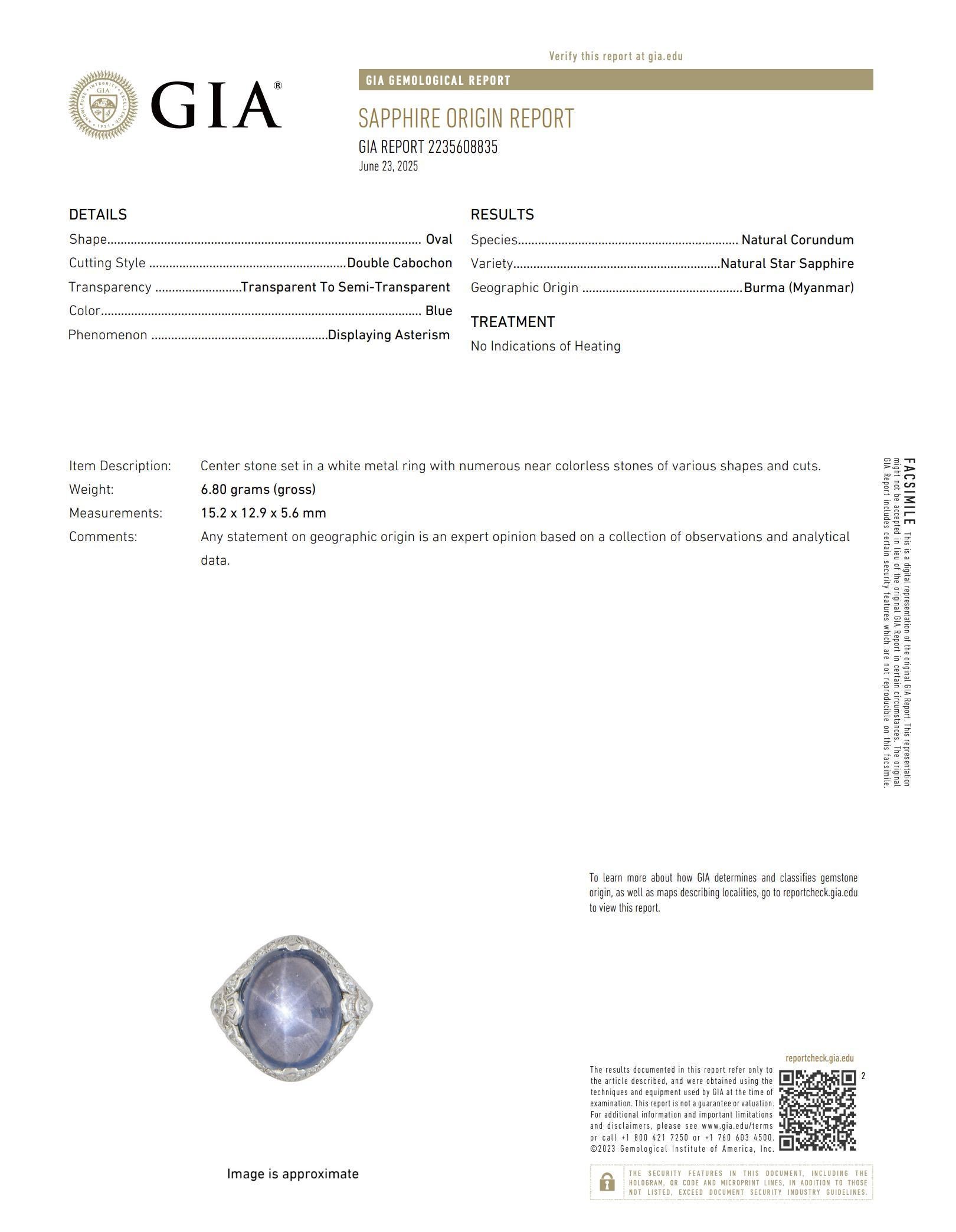 Art Deco GIA 11,85 Karat Birma keine Hitze Stern Saphir Diamant Platin Ring im Zustand „Gut“ im Angebot in Beverly Hills, CA