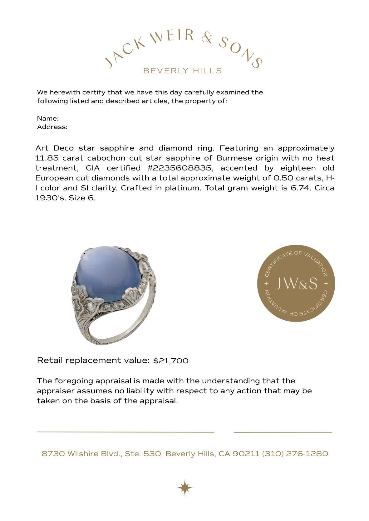 Art Deco GIA 11,85 Karat Birma keine Hitze Stern Saphir Diamant Platin Ring Damen im Angebot