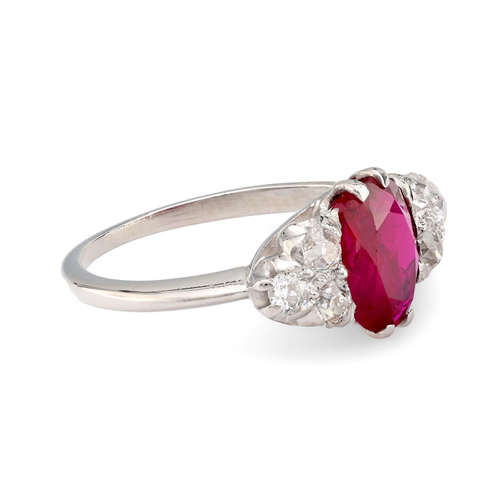 Platinring, Art déco, GIA 1,19 Karat Burma, kein heißer Rubin, Diamant, Art déco (Ovalschliff)