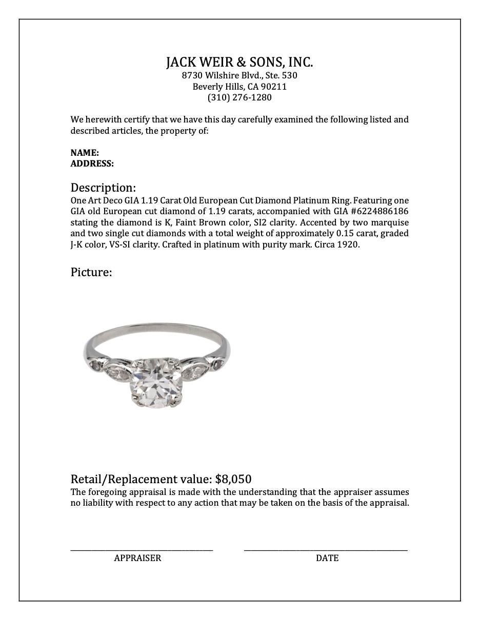 Bague Art déco en platine avec diamant taille vieille Europe de 1.19 carat certifié GIA en vente 3