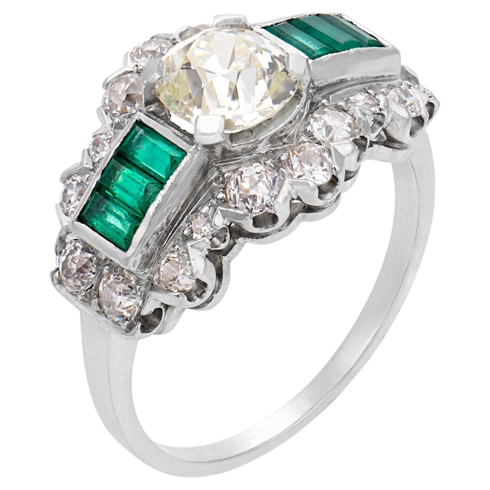 Art Deco GIA 1.19 carat old mine cut diamond emerald platinum engagement ring