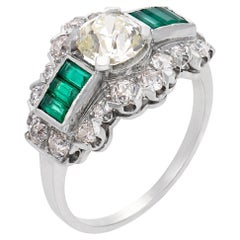 Art Deco GIA 1.19 carat old mine cut diamond emerald platinum engagement ring