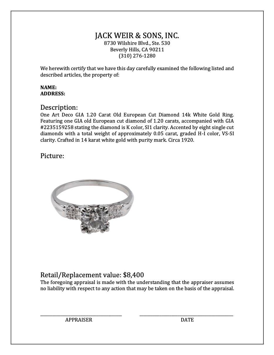 Art Deco GIA 1.20 Carat Old European Cut Diamond 14k White Gold Ring 3