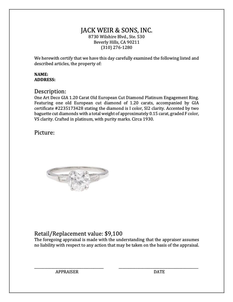 Art Deco GIA 1.20 Carat Old European Cut Diamond Platinum Engagement Ring 4