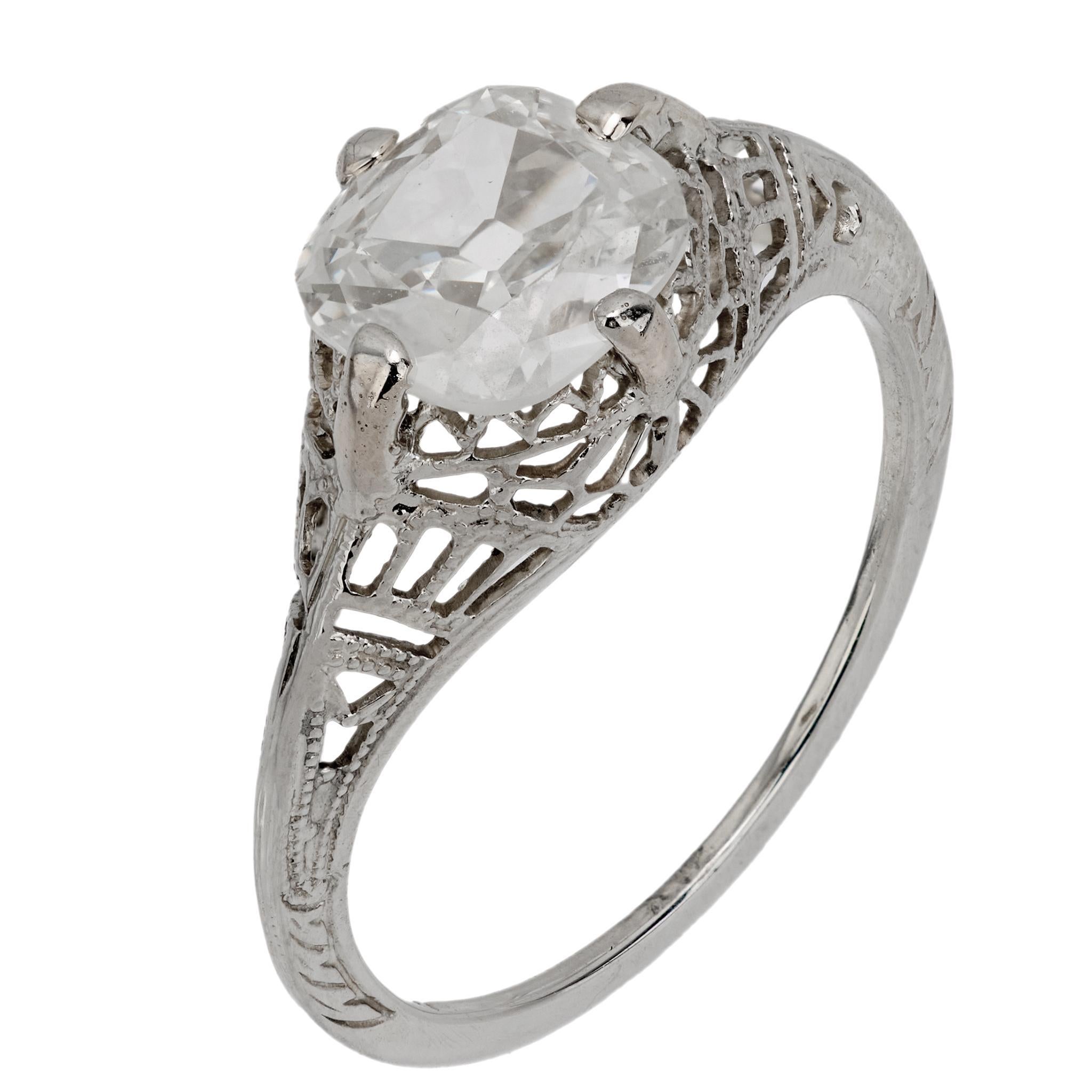 Art Deco GIA 1.20 carat old mine cut diamond 14k white gold engagement ring