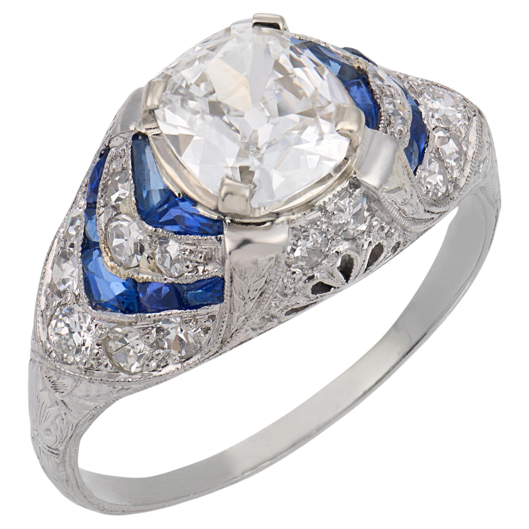 Anillo de compromiso de platino con diamante zafiro talla mina antigua Art Déco GIA de 1,20 quilates