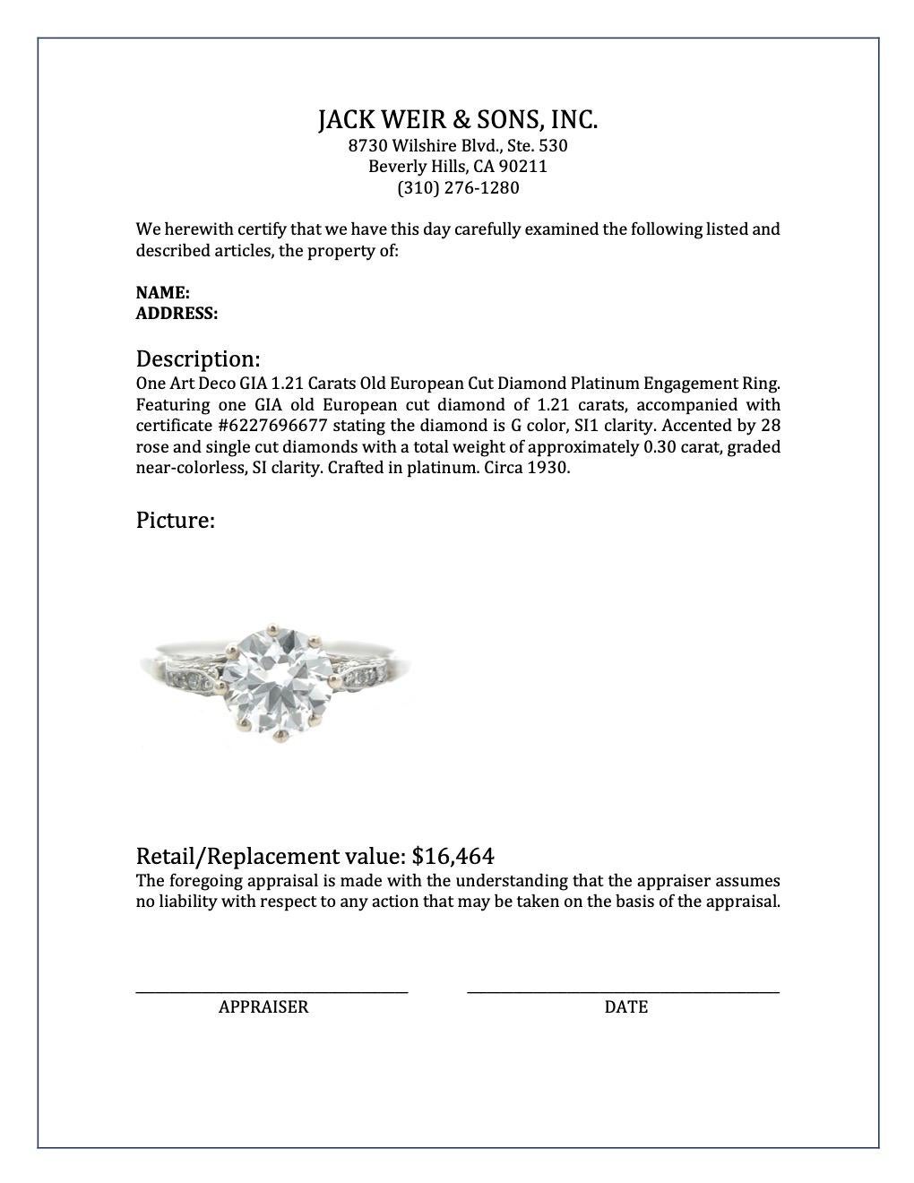 Art Deco GIA 1.21 Carats Old European Cut Diamond Platinum Engagement Ring 4