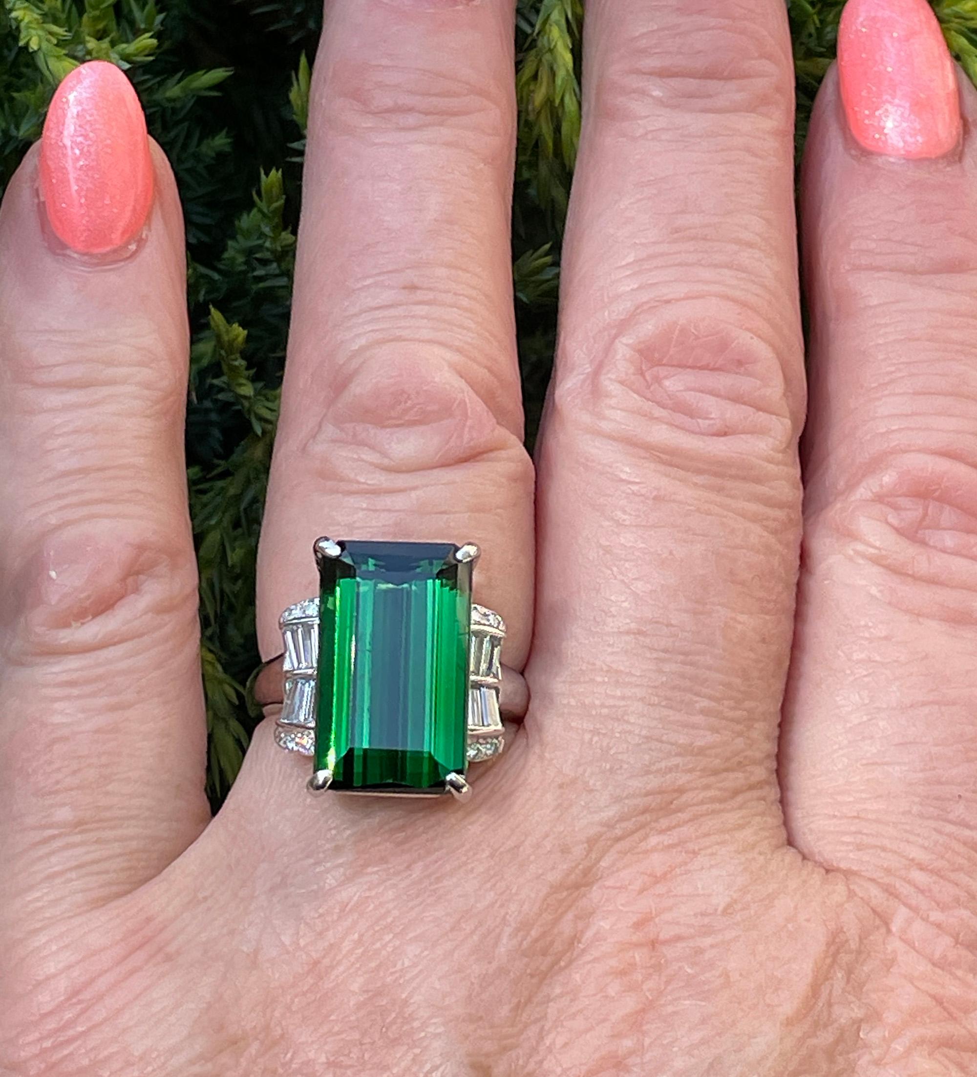 Art Deco GIA 12.18ctw Green Tourmaline Diamond Platinum Vintage Cocktail Ring For Sale 9