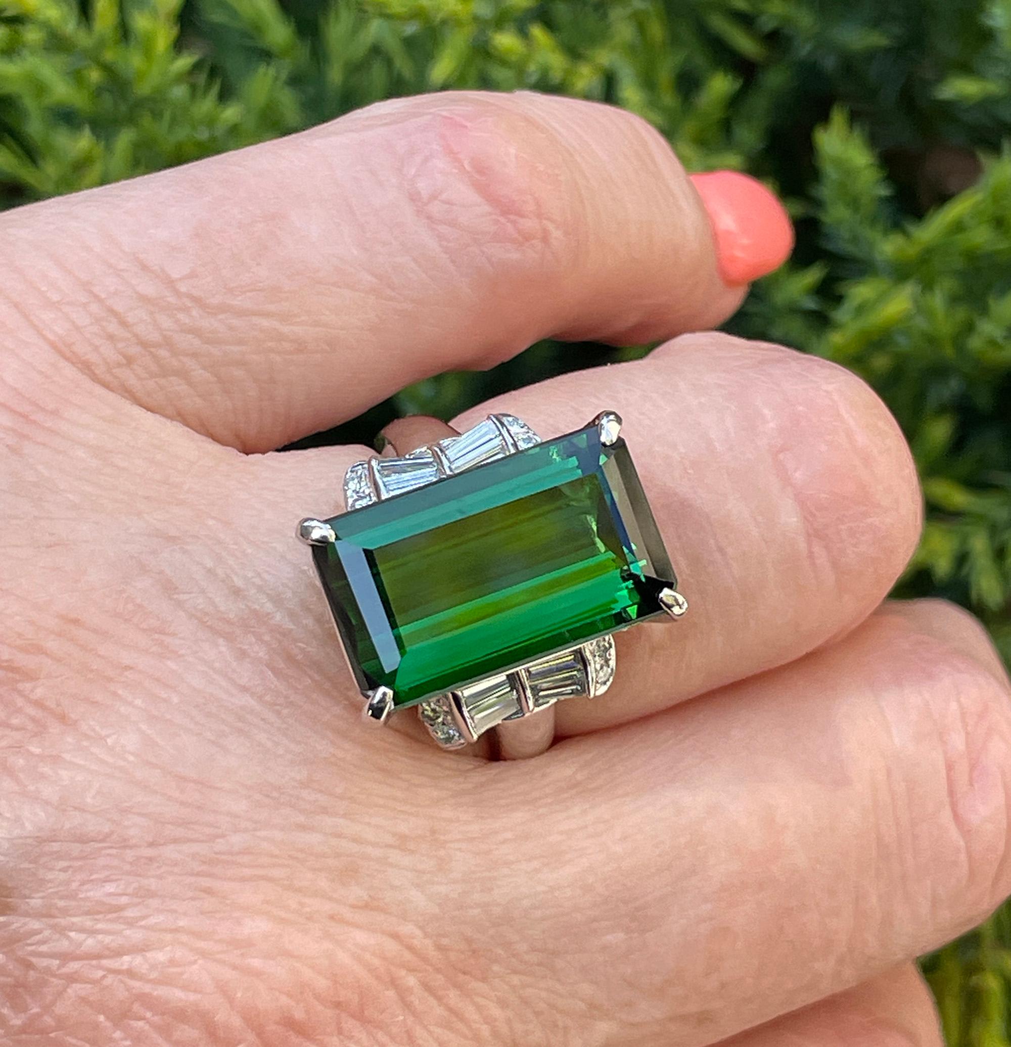 Art Deco GIA 12.18ctw Green Tourmaline Diamond Platinum Vintage Cocktail Ring For Sale 10