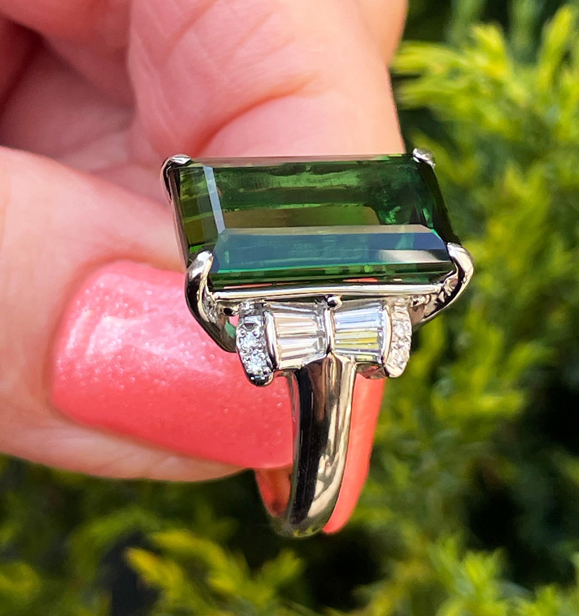 Art Deco GIA 12.18ctw Green Tourmaline Diamond Platinum Vintage Cocktail Ring For Sale 13