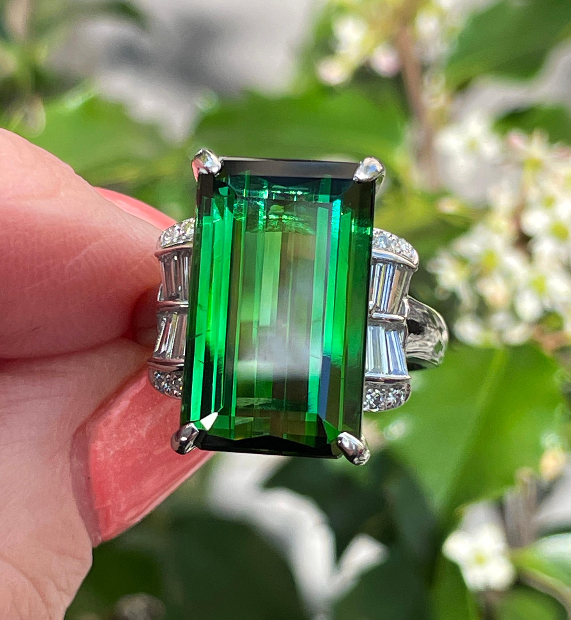 Art Deco GIA 12.18ctw Green Tourmaline Diamond Platinum Vintage Cocktail Ring For Sale 14