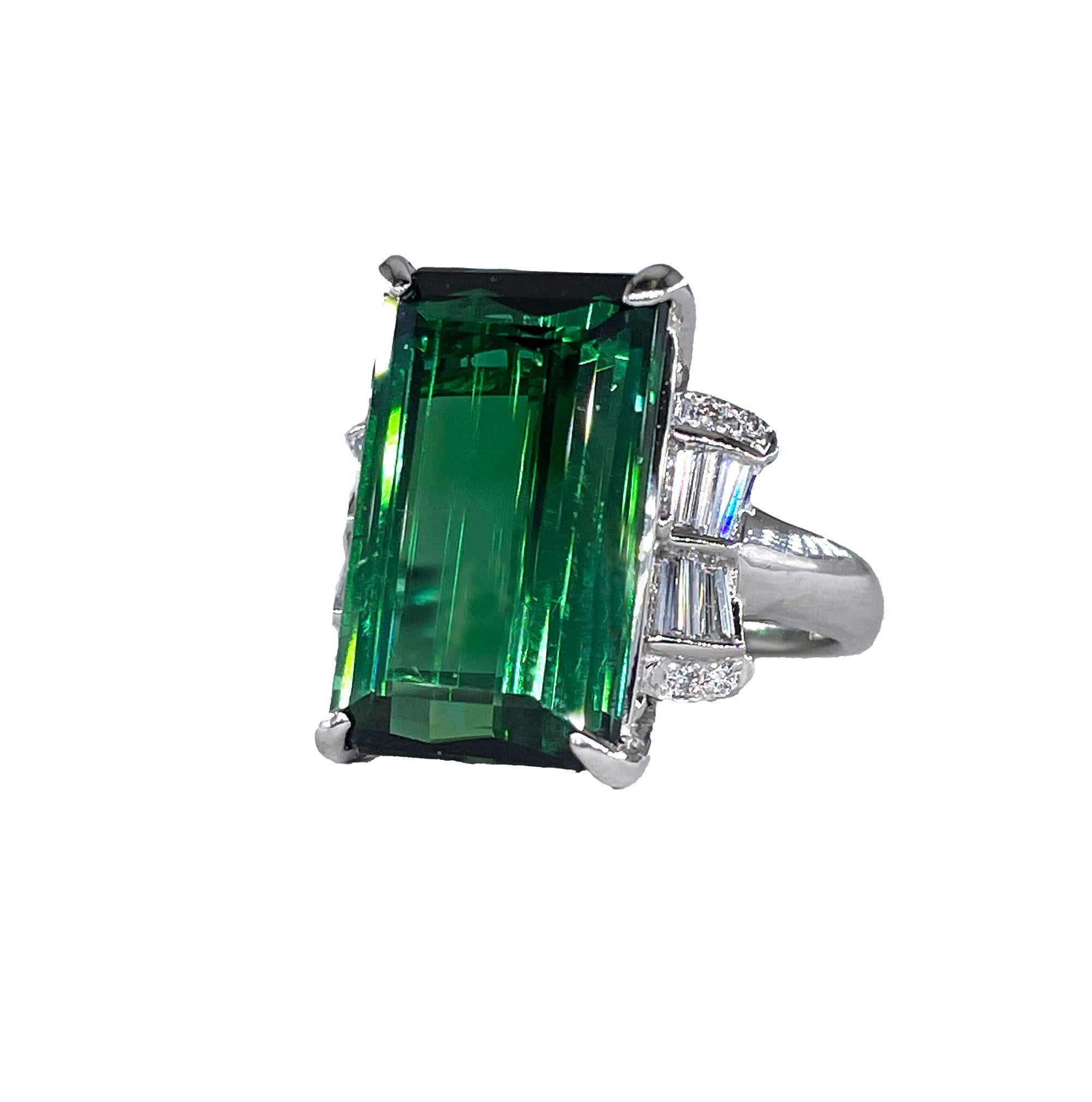 Original Art Deco GIA 12.18ct Green Tourmaline Diamond Platinum Cocktail Ring.

The finest examples of late Art Deco engagement rings were hand fabricated and impeccably finished with hand tooled engraving. No expense was spared in producing these