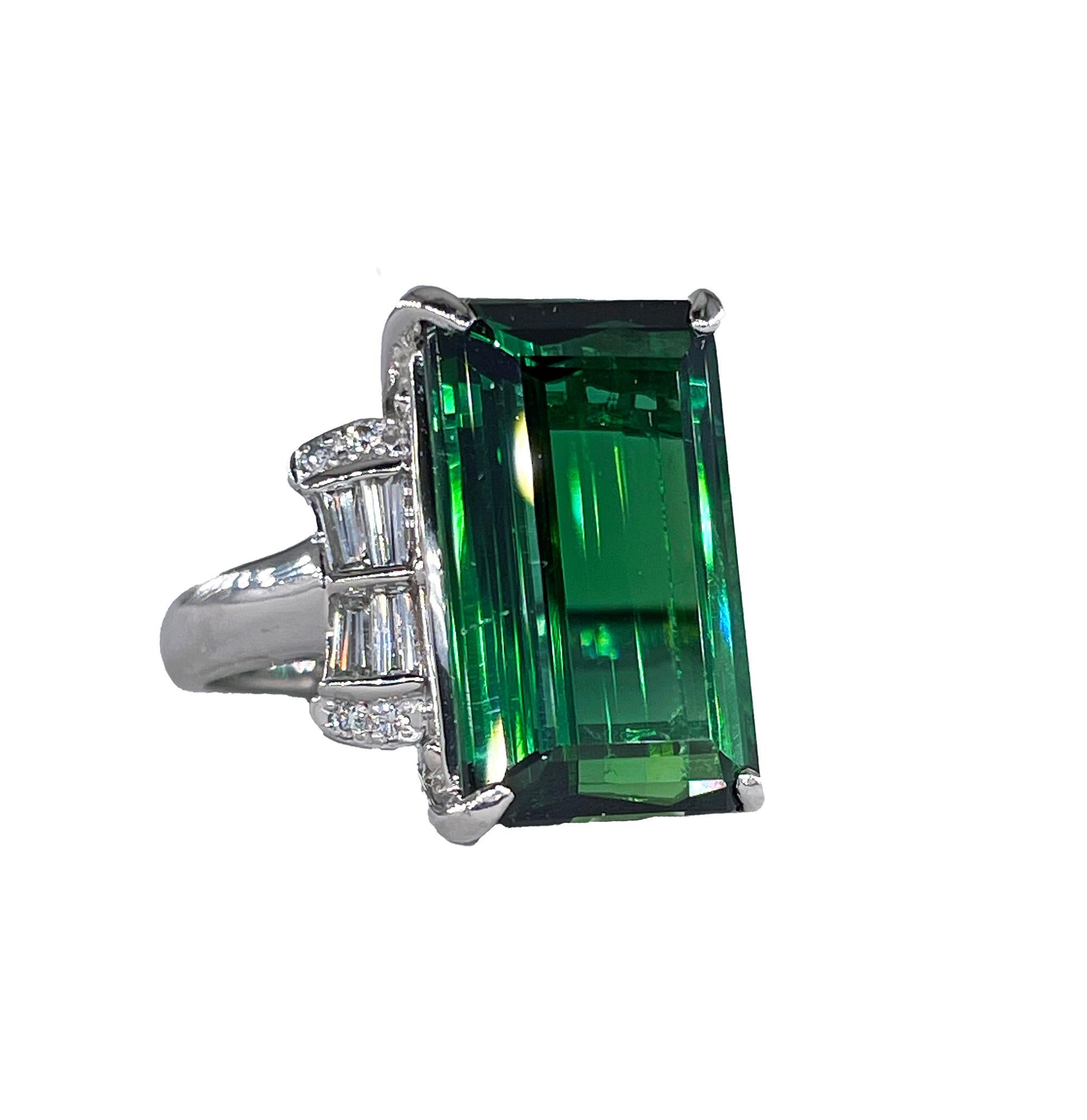 Emerald Cut Art Deco GIA 12.18ctw Green Tourmaline Diamond Platinum Vintage Cocktail Ring For Sale