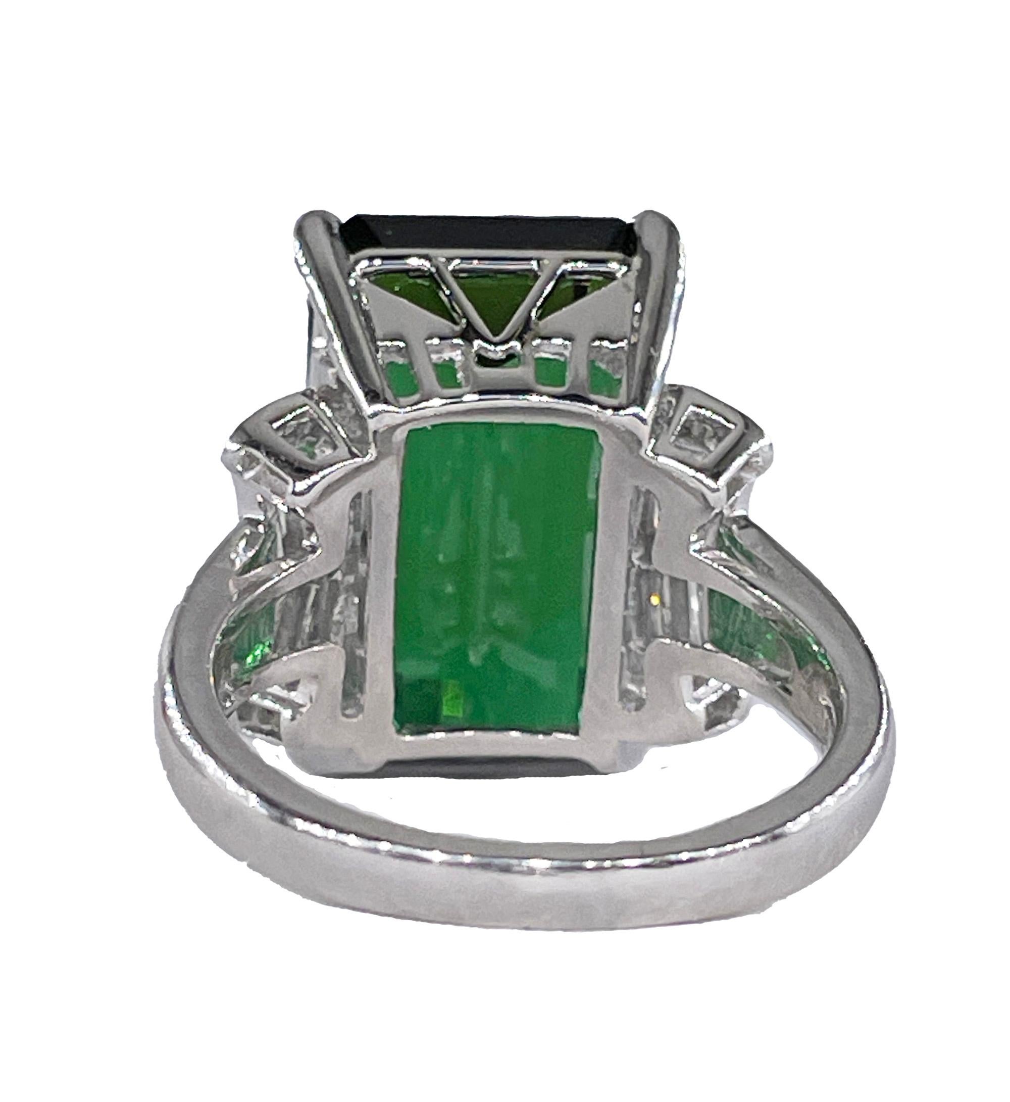 Women's Art Deco GIA 12.18ctw Green Tourmaline Diamond Platinum Vintage Cocktail Ring For Sale