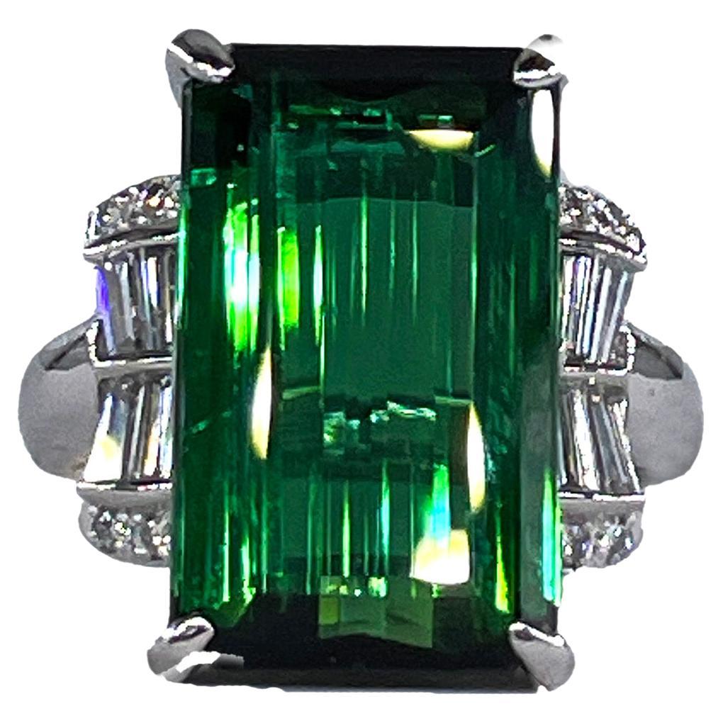 Art Deco GIA 12.18ctw Green Tourmaline Diamond Platinum Vintage Cocktail Ring For Sale