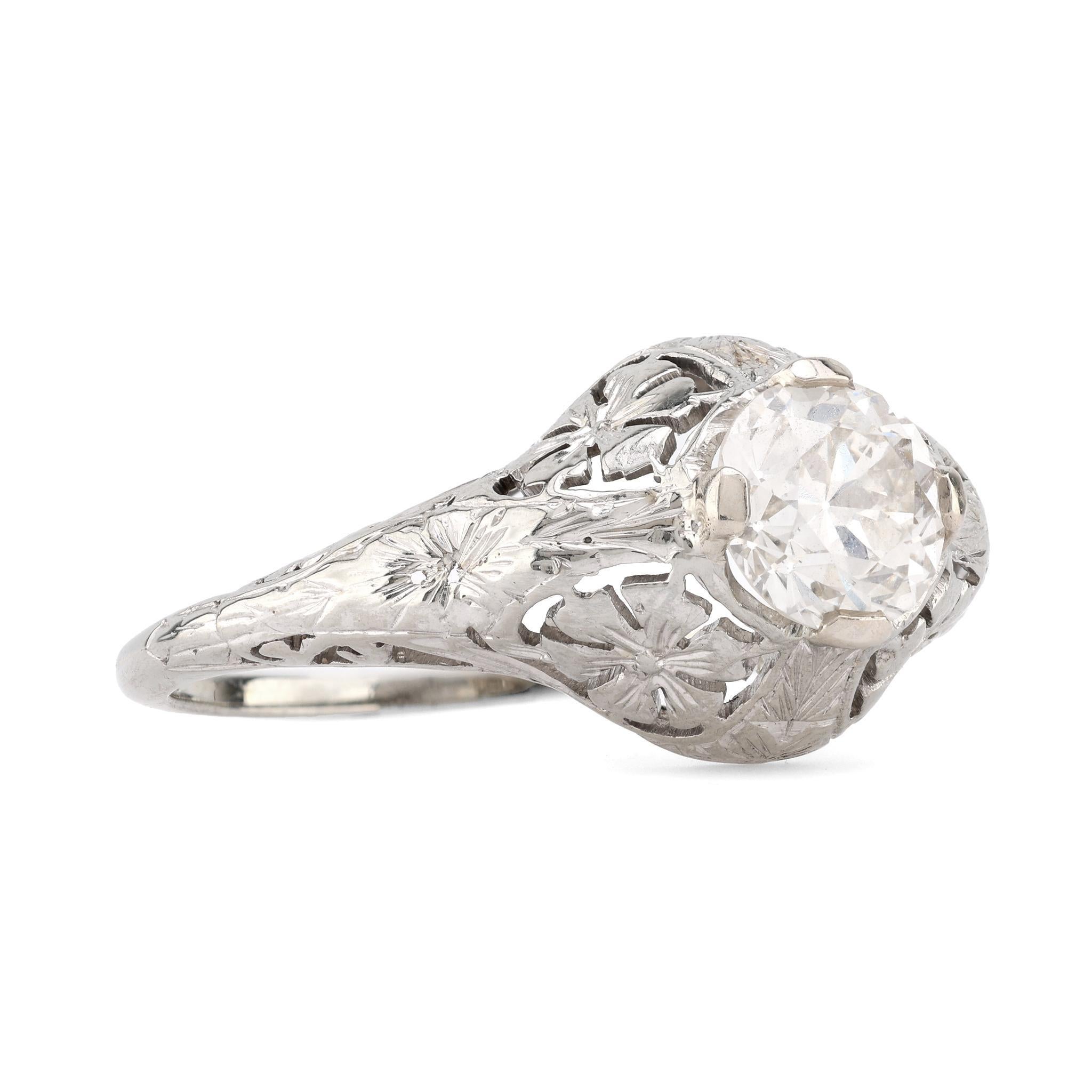 Brilliant Cut Art Deco GIA 1.23 Carat Diamond 18K White Gold Engagement Filigree Ring