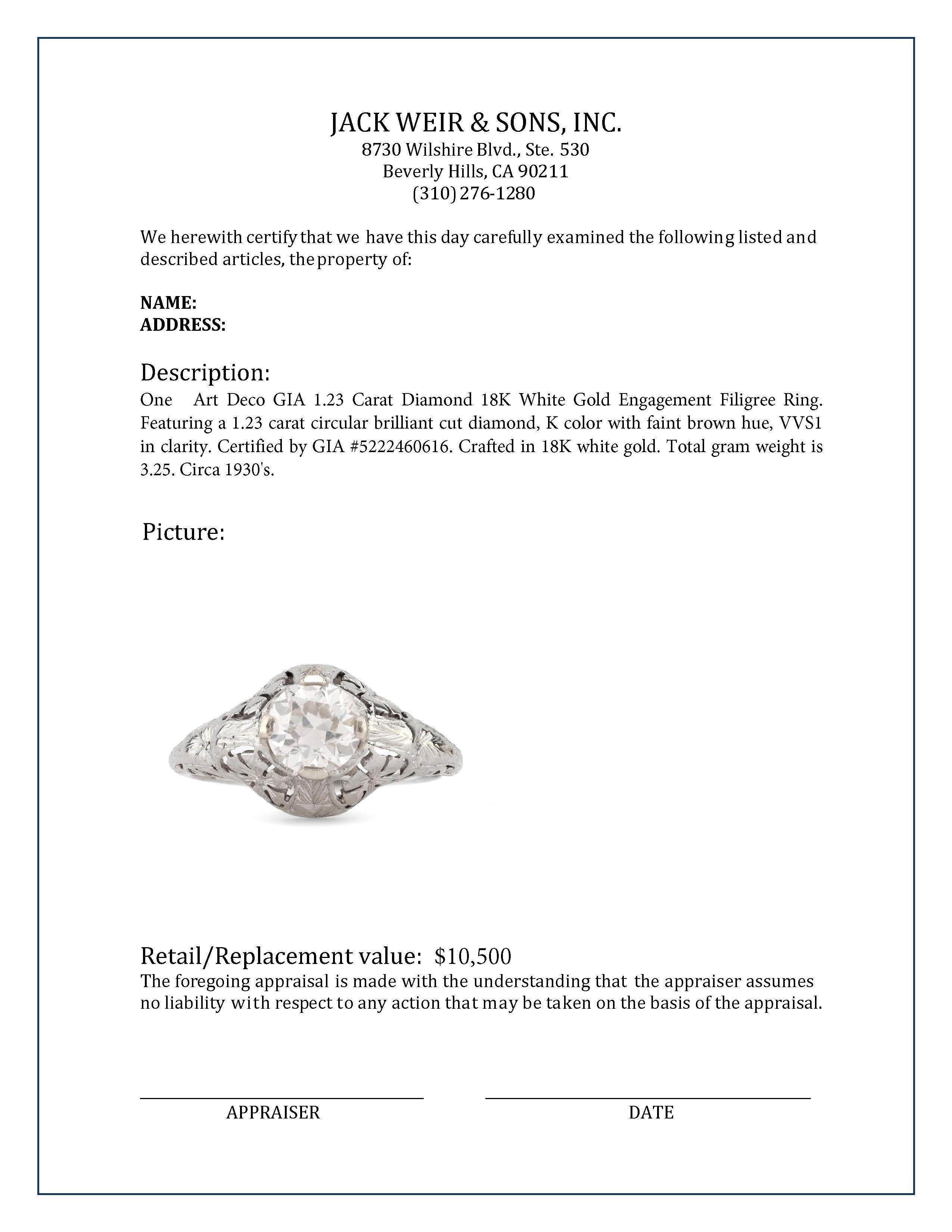 Women's or Men's Art Deco GIA 1.23 Carat Diamond 18K White Gold Engagement Filigree Ring
