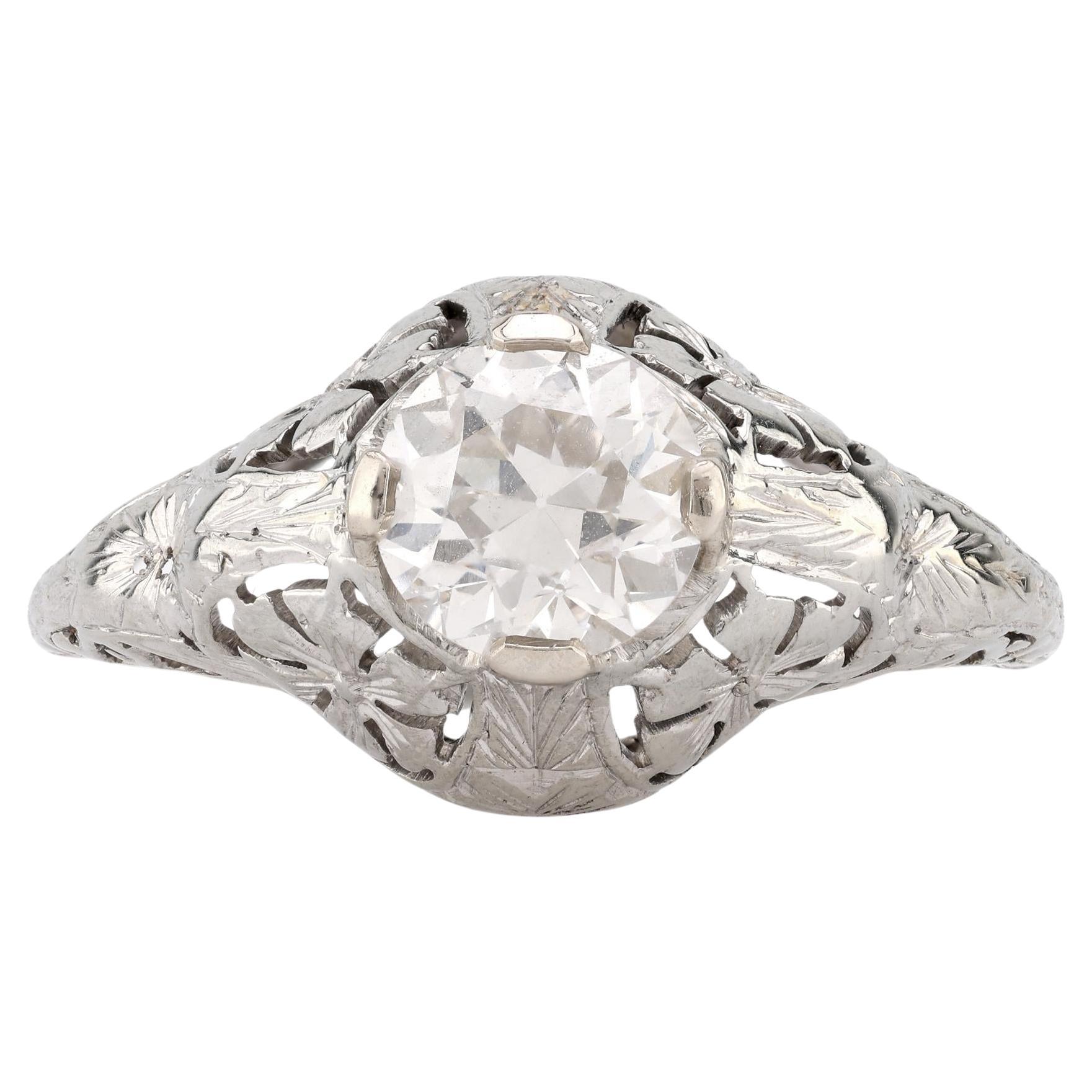Anello di fidanzamento in filigrana Art Deco GIA da 1,23 carati con diamante in oro bianco 18 carati in vendita
