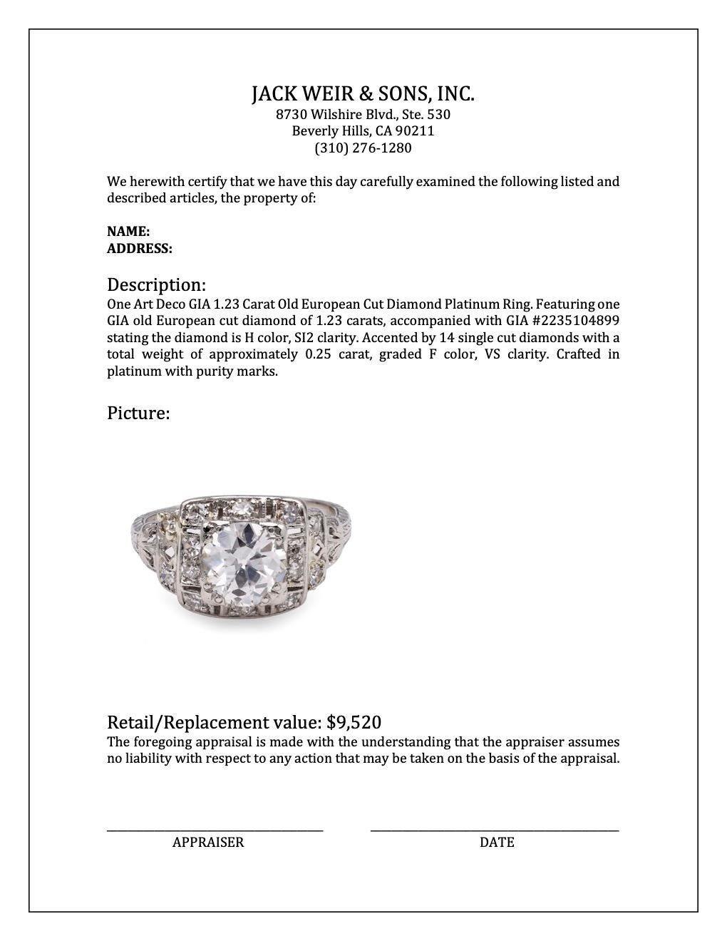 Art Deco GIA 1.23 Carat Old European Cut Diamond Platinum Ring 4