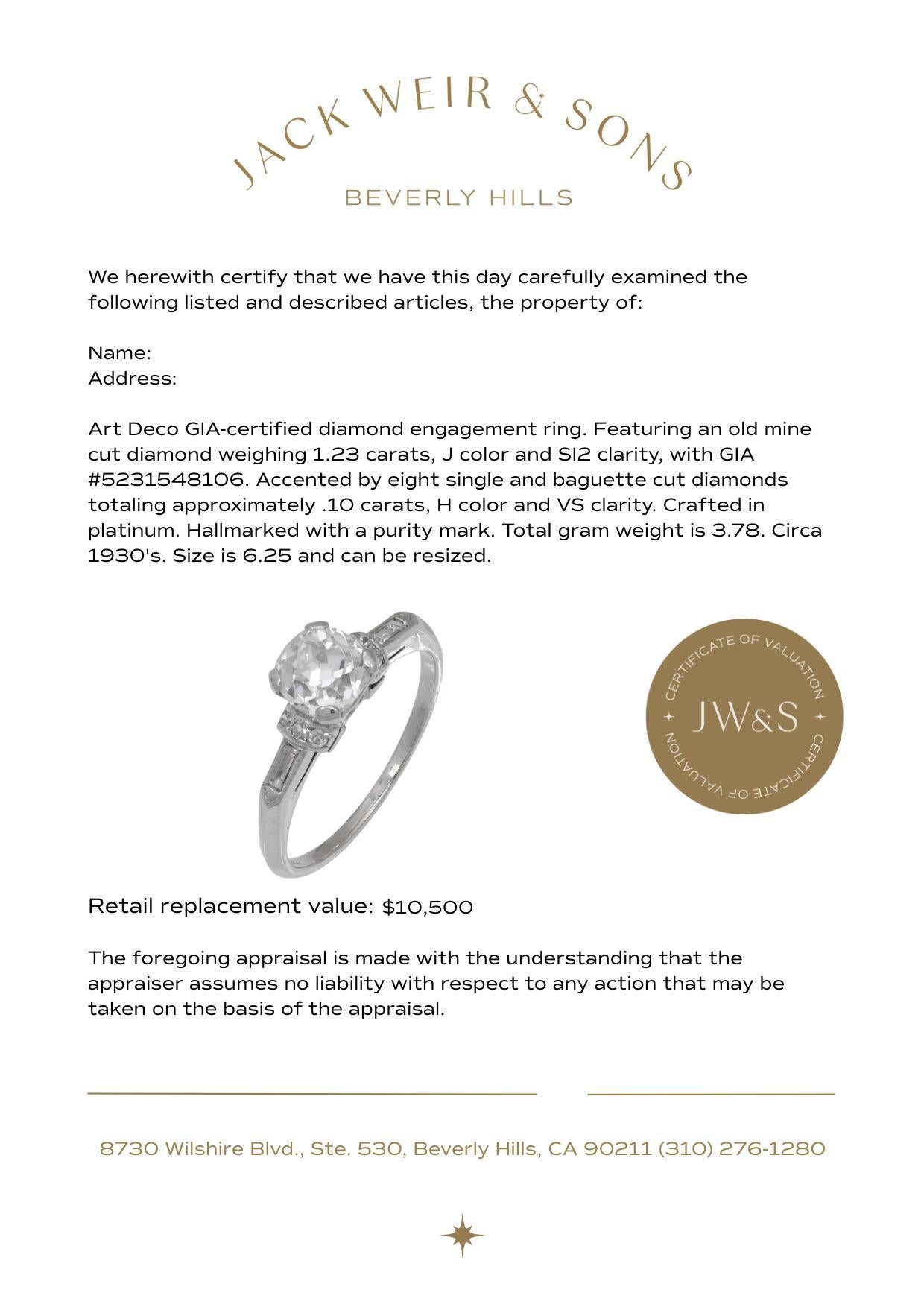 Art Deco GIA 1.23 carat old mine cut diamond platinum engagement ring Damen im Angebot