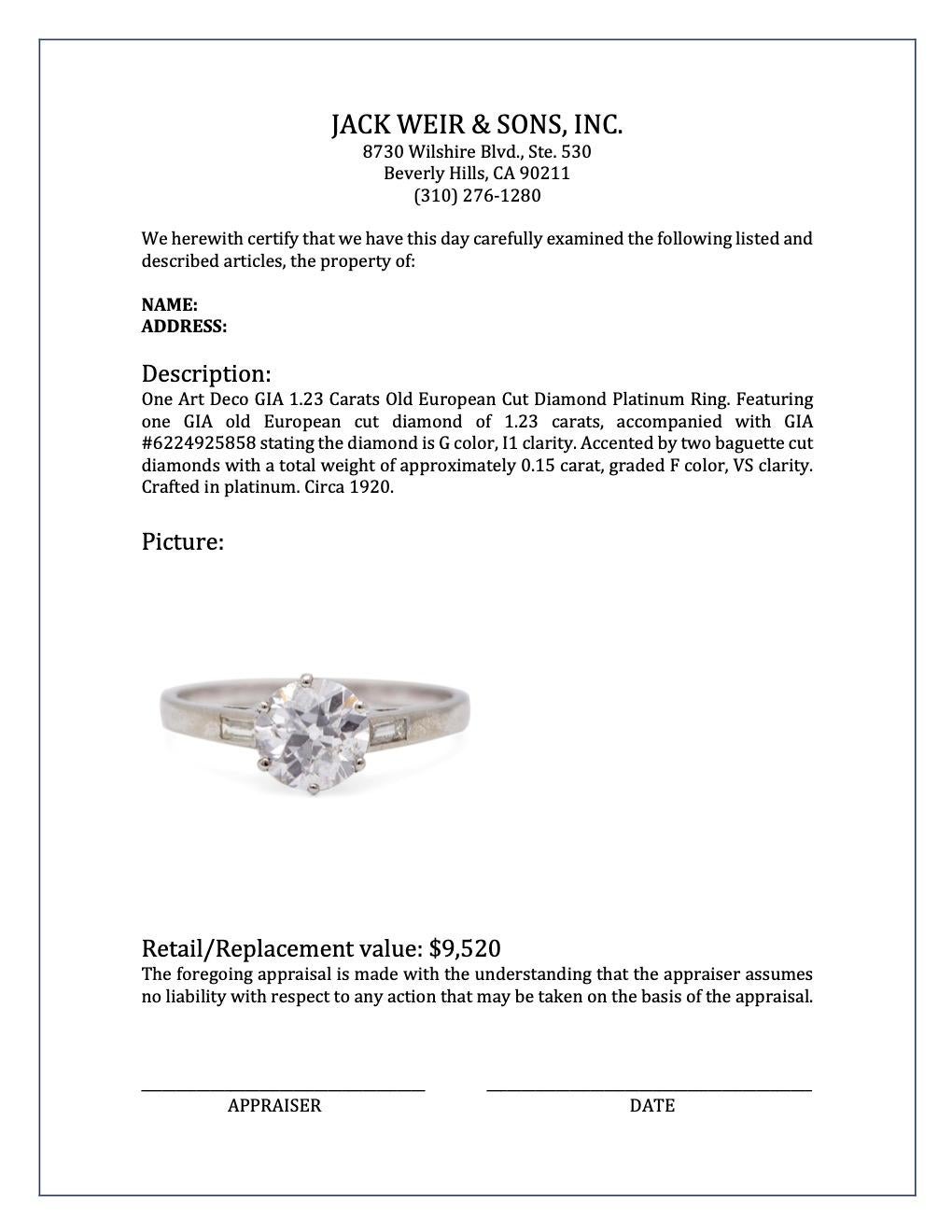 Art Deco GIA 1.23 Carats Old European Cut Diamond Platinum Ring 2