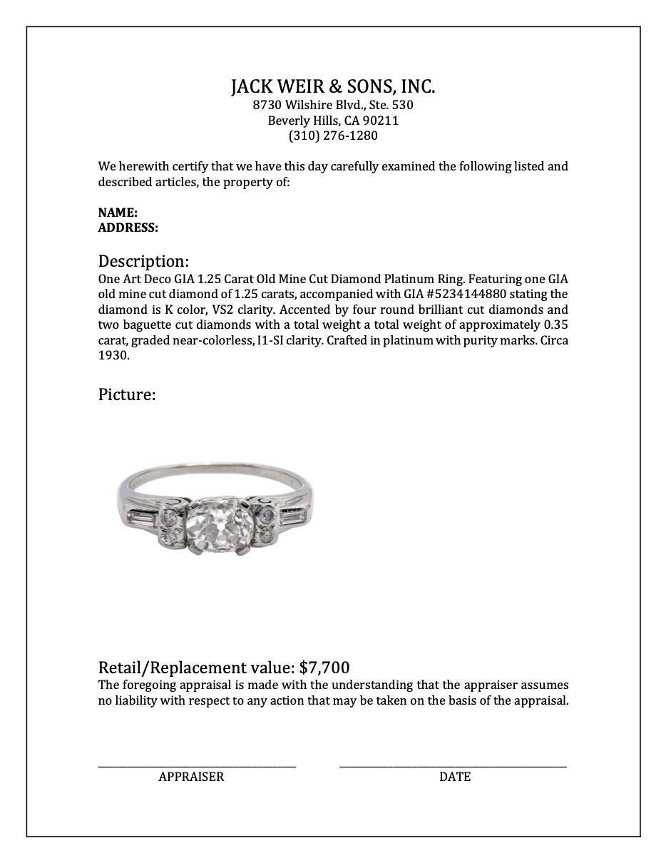 Art Deco GIA 1.25 Carat Old Mine Cut Diamond Platinum Ring 3