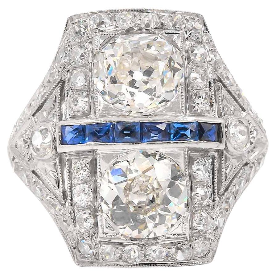 Art Deco GIA 1.26 Carat & 1.01 Carat Old Mine Cut Diamond Toi et Moi Ring For Sale