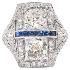 Art Deco GIA 1.26 Carat & 1.01 Carat Old Mine Cut Diamond Toi et Moi Ring
