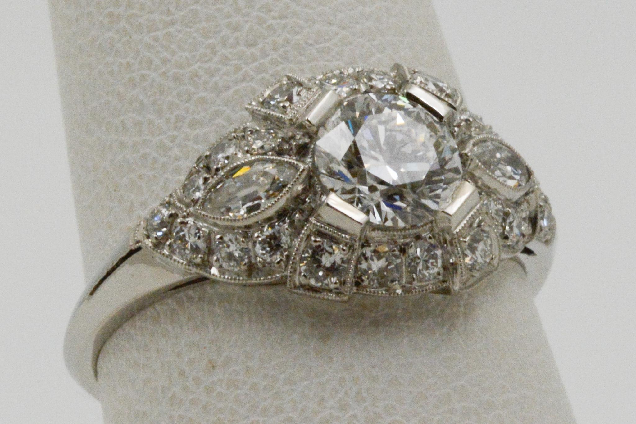 Round Cut Art Deco Style GIA 1.27 Carat Diamond Platinum Ring