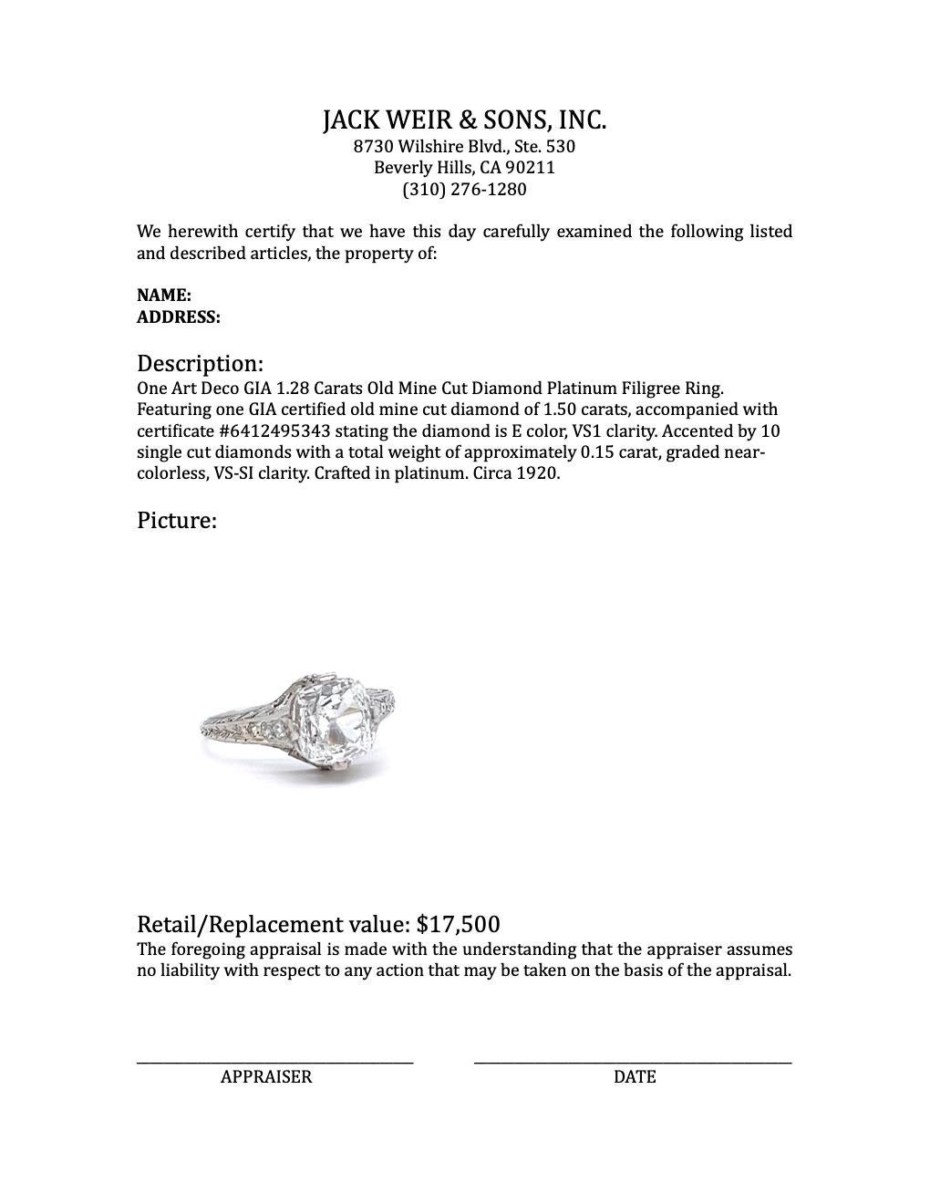 Art Deco GIA 1.28 Carats Old Mine Cut Diamond Platinum Filigree Ring 4