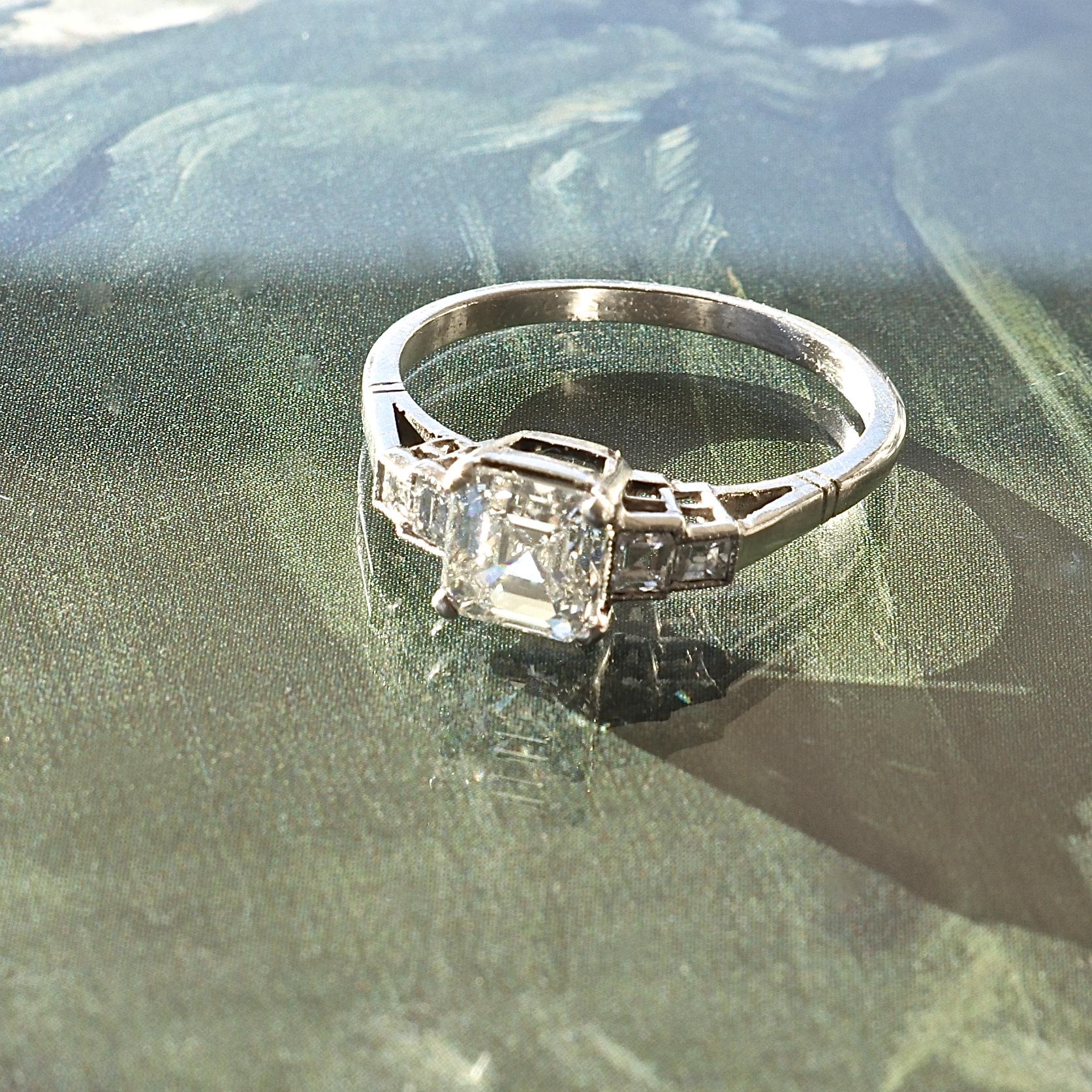Art Deco GIA 1.30 Carat Asscher Cut Diamond Platinum Engagement Ring 1