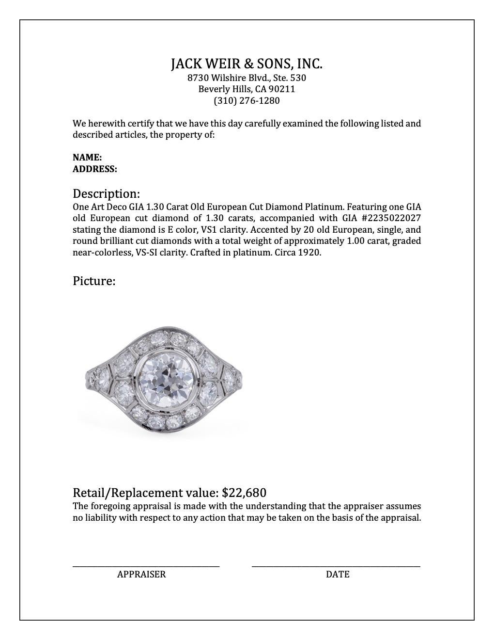 Platin mit GIA 1,30 Karat Diamant im alteuropäischen Schliff, Art déco 2
