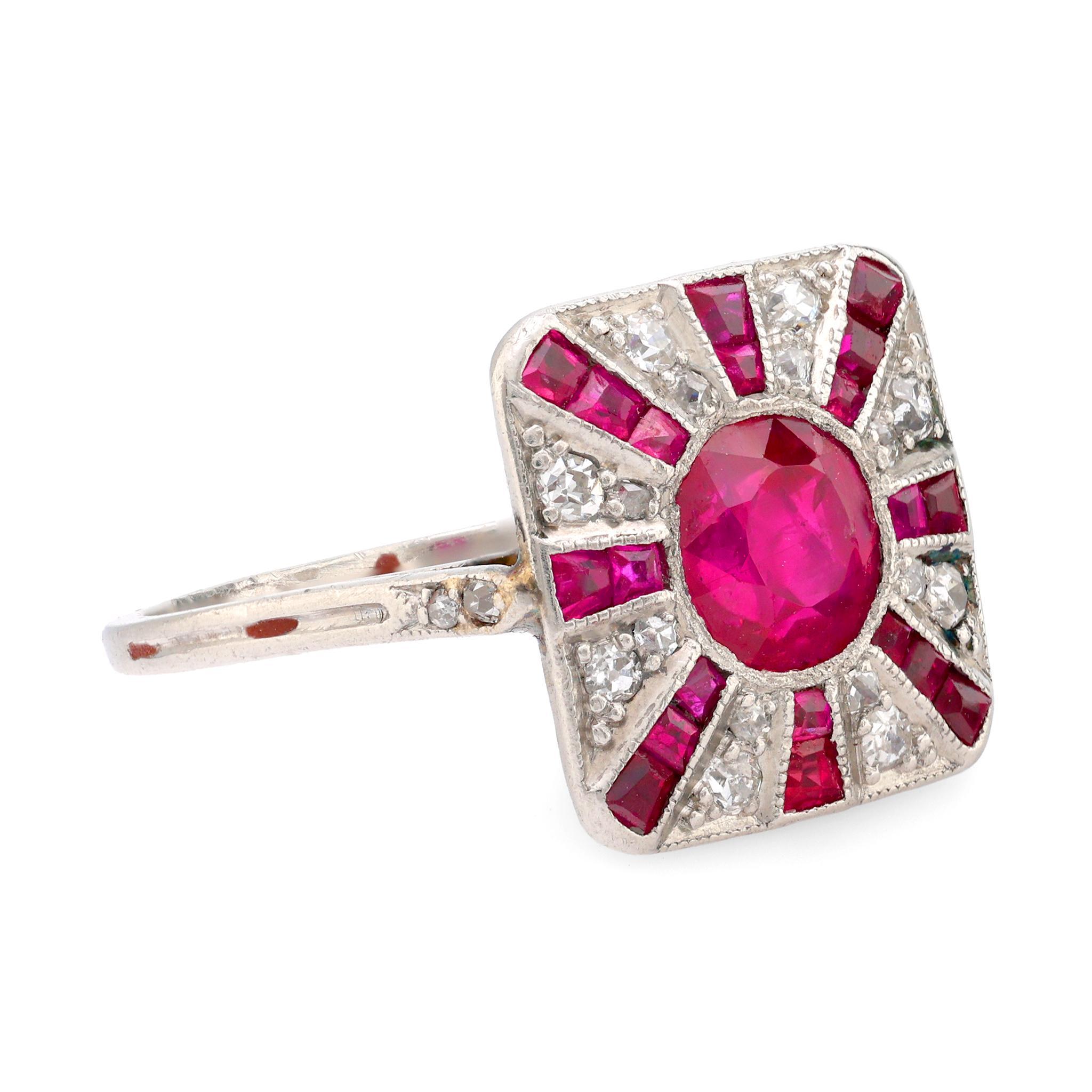 Taille ovale Bague en platine Art déco GIA 1,30 carat rubis diamant