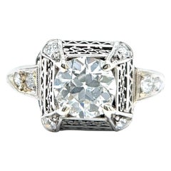Vintage Art Deco GIA 1.30 Carats Old European Cut Diamond Platinum Filigree Ring
