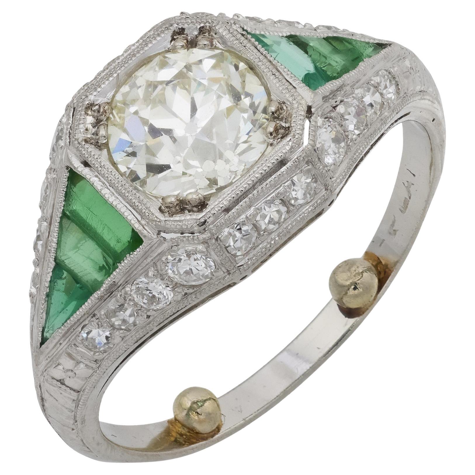 Bague de fiançailles Art déco GIA 1.31 carats diamant émeraude platine