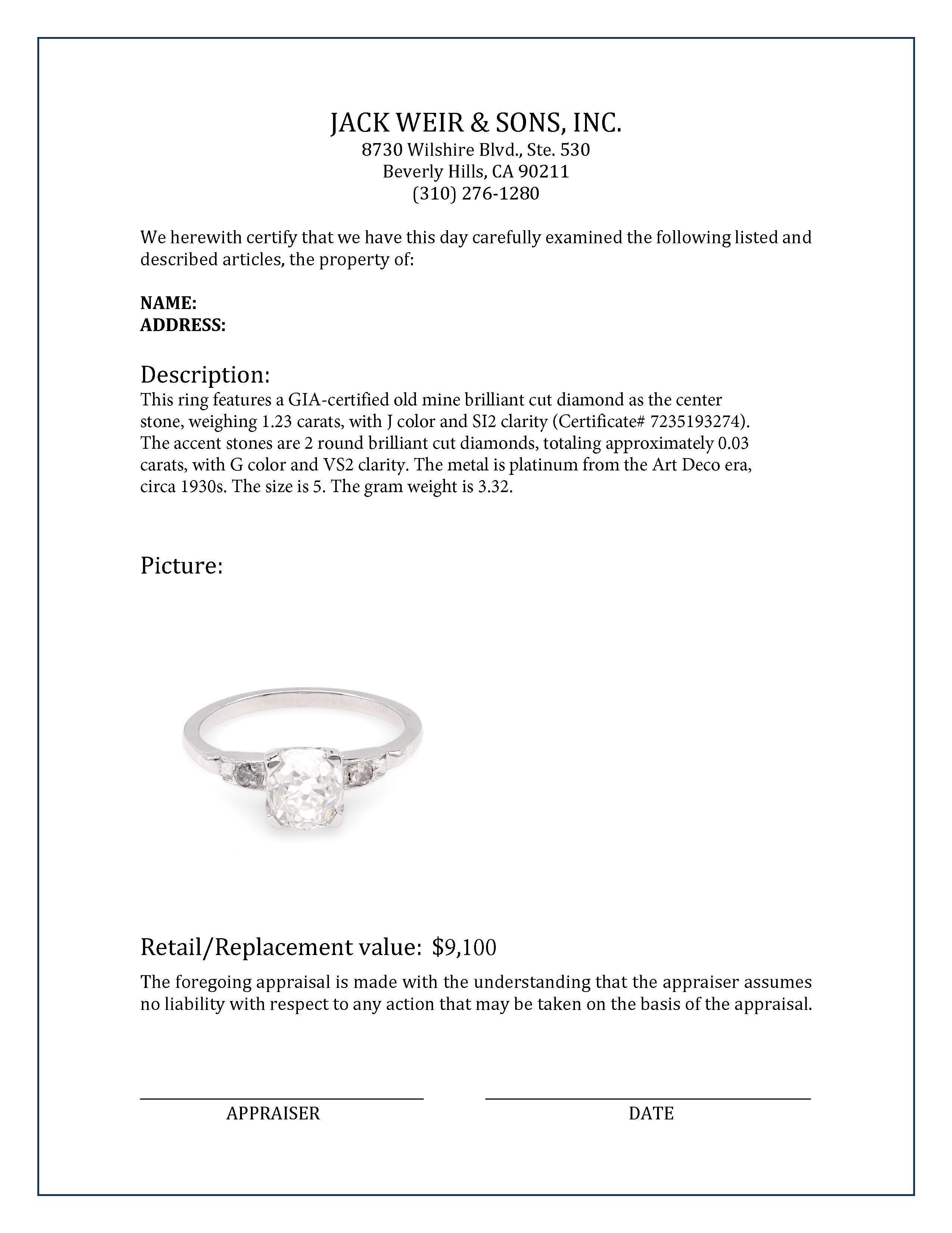 Art Deco GIA 1.32 Karat Diamant Platin Verlobungsring im Minenschliff im Zustand „Hervorragend“ in Beverly Hills, CA