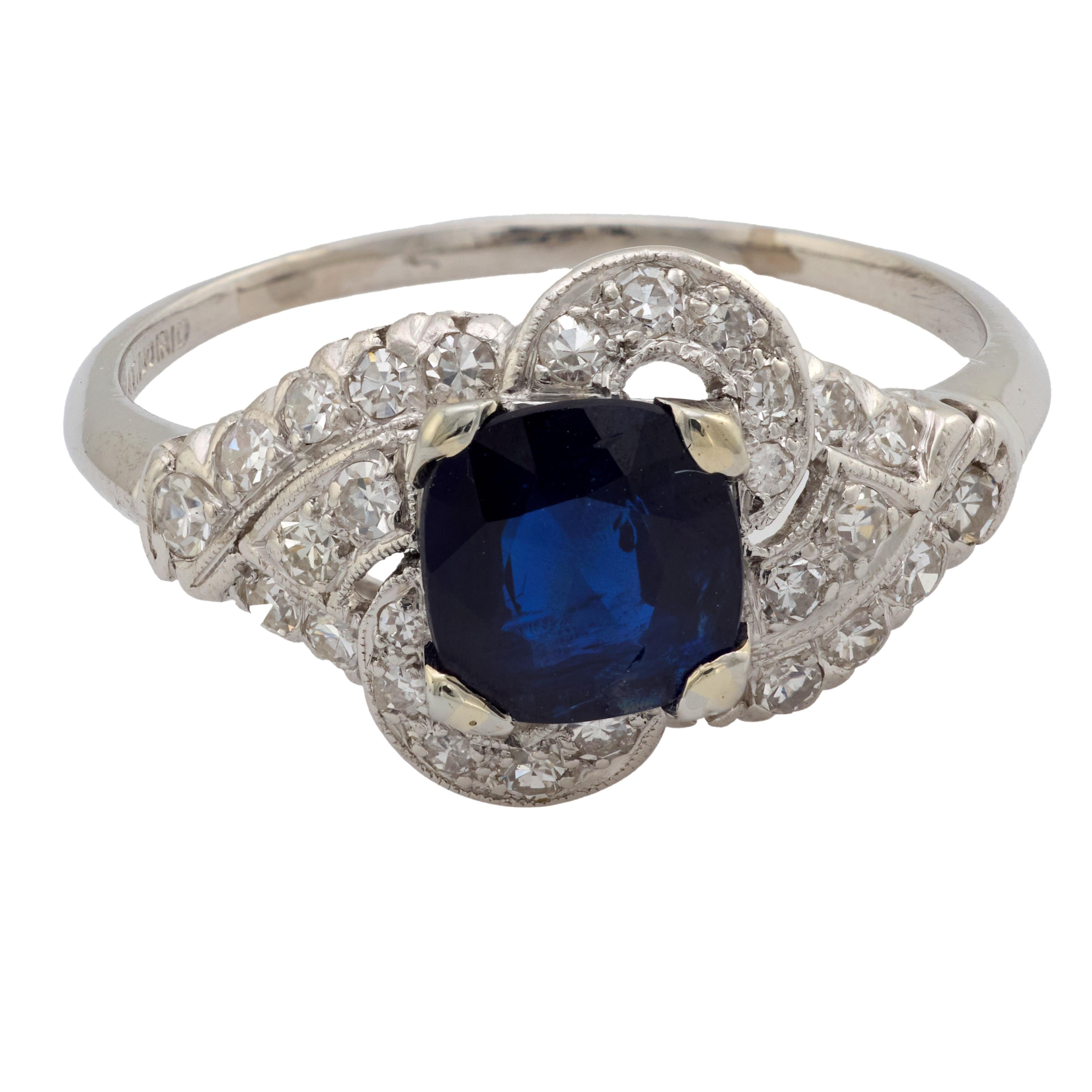 Cushion Cut Art Deco GIA 1.33 carat Burma no heat sapphire diamond platinum ring For Sale