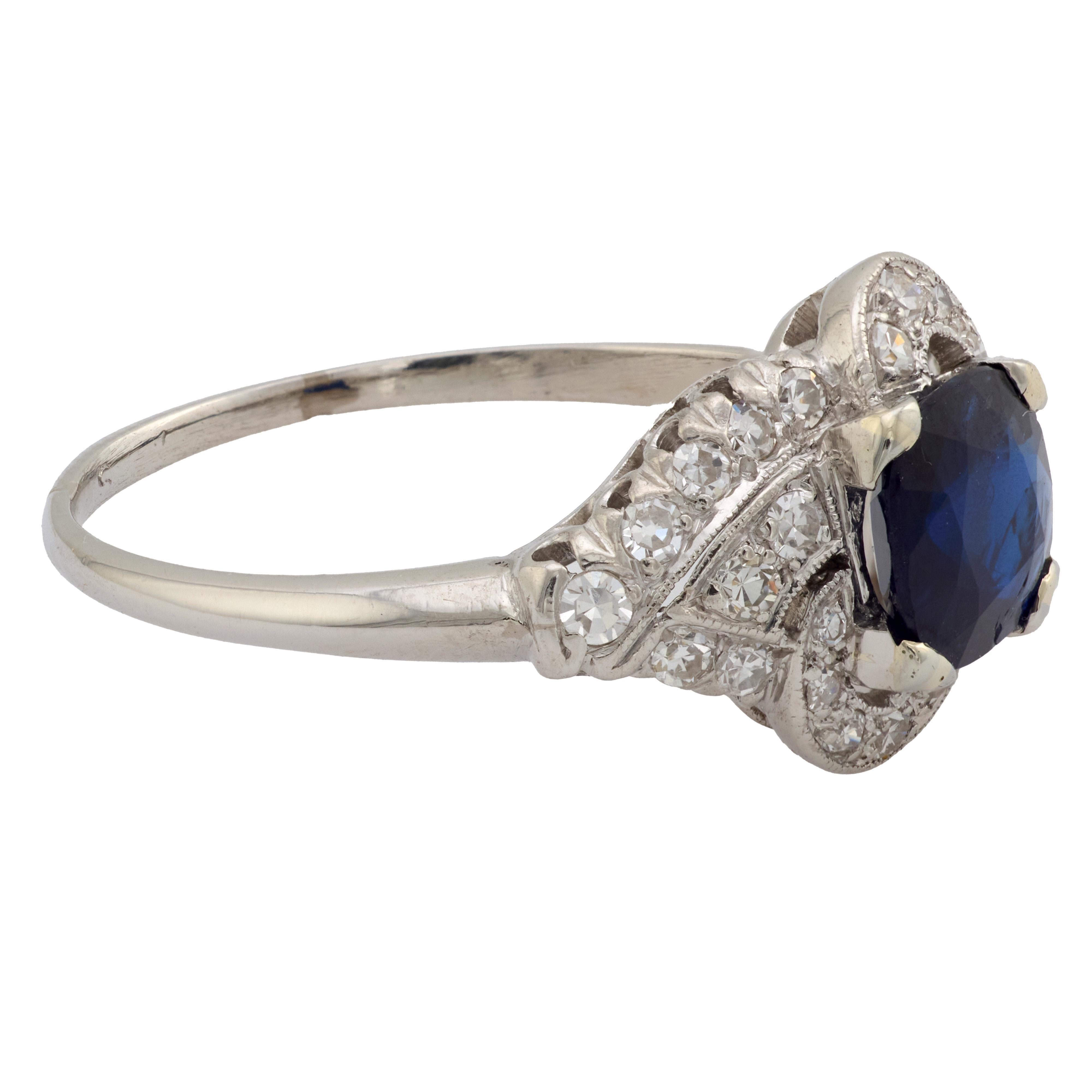 Women's Art Deco GIA 1.33 carat Burma no heat sapphire diamond platinum ring For Sale
