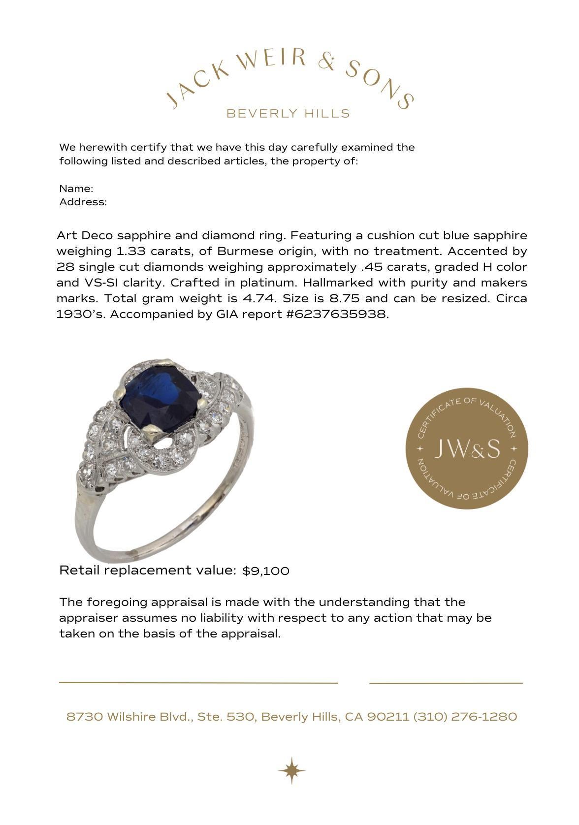 Art Deco GIA 1.33 carat Burma no heat sapphire diamond platinum ring For Sale 3