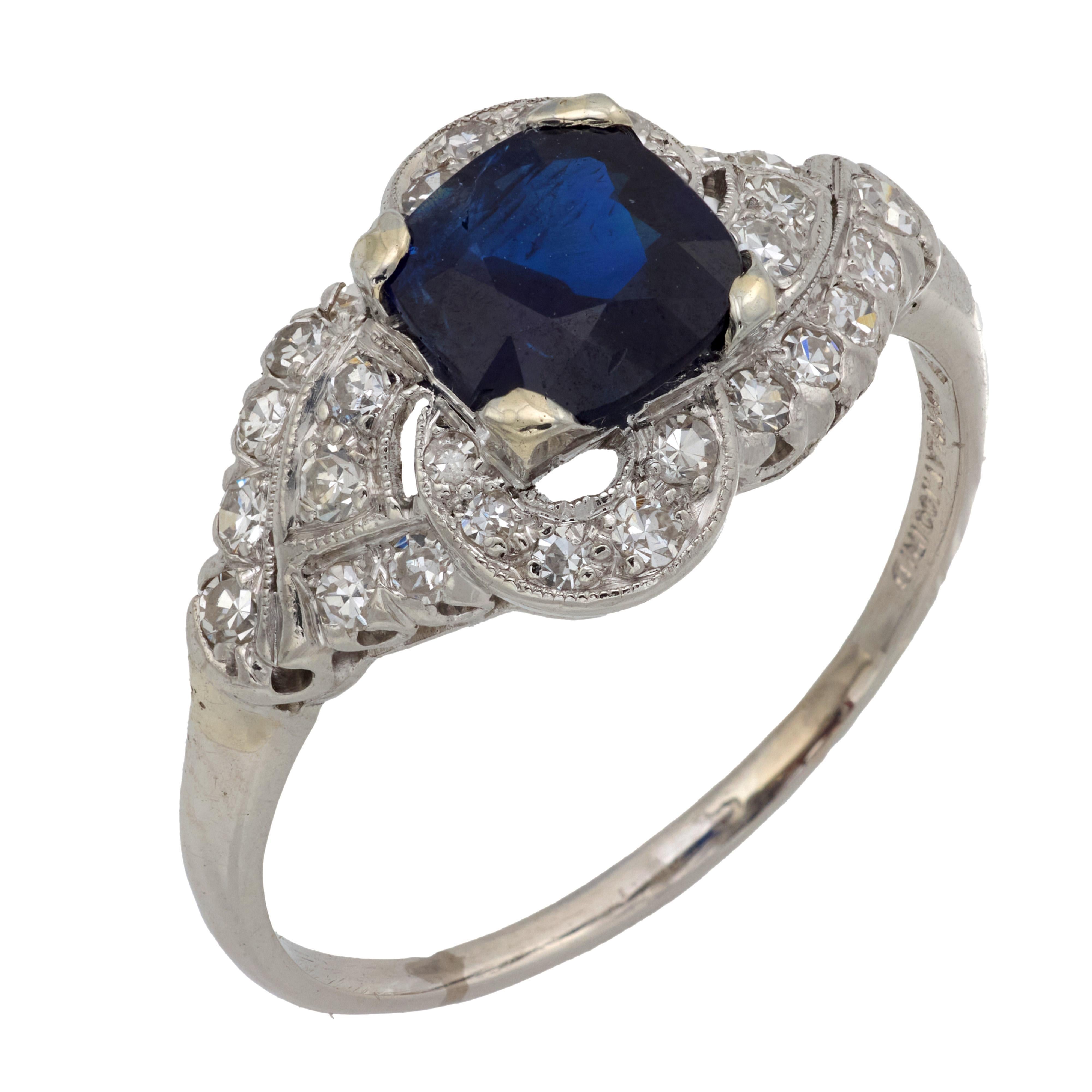 Art Deco GIA 1.33 carat Burma no heat sapphire diamond platinum ring For Sale