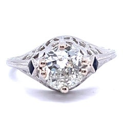 Art Deco GIA 1.35 Carat Diamond Sapphire 18 Karat White Gold Engagement Ring