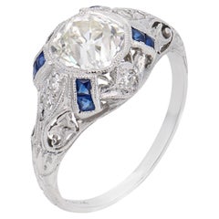Art Deco GIA 1.36 carat diamond sapphire platinum engagement ring