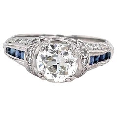 Art Deco GIA 1.36 Carat Old Euro Cut Diamond Sapphire Platinum Engagement Ring
