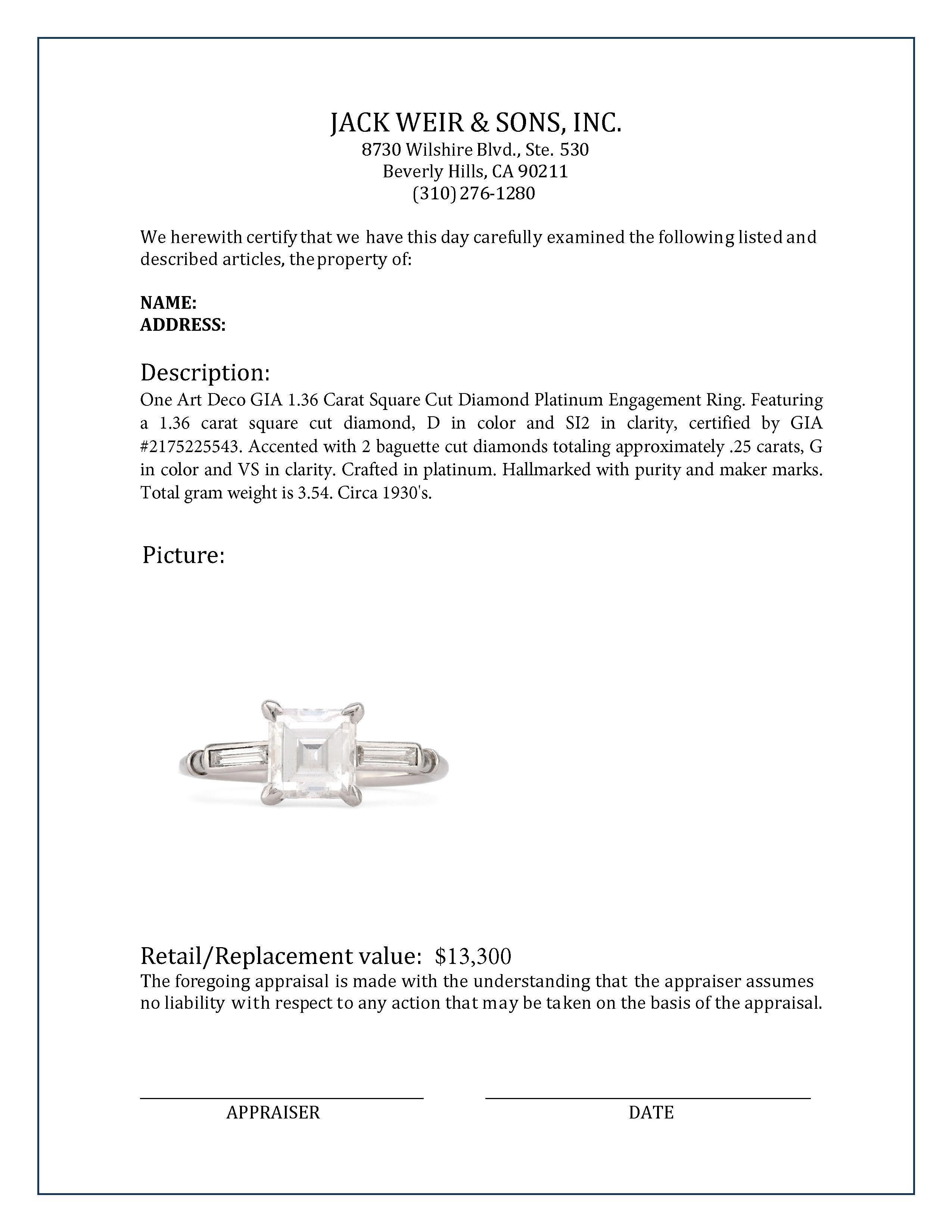 Platin-Verlobungsring, Art déco, GIA 1,36 Karat Diamant im Quadratschliff, Platin für Damen oder Herren