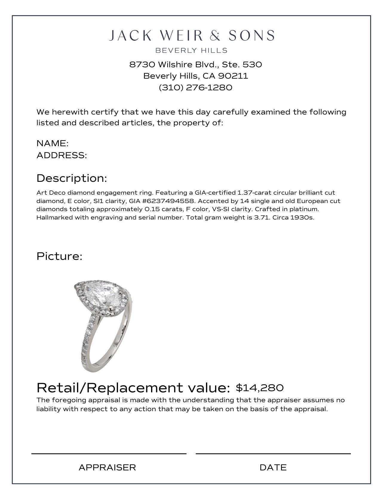Bague de fiançailles Art déco en platine avec diamant taille européenne ancienne de 1,37 carat certifié GIA en vente 1