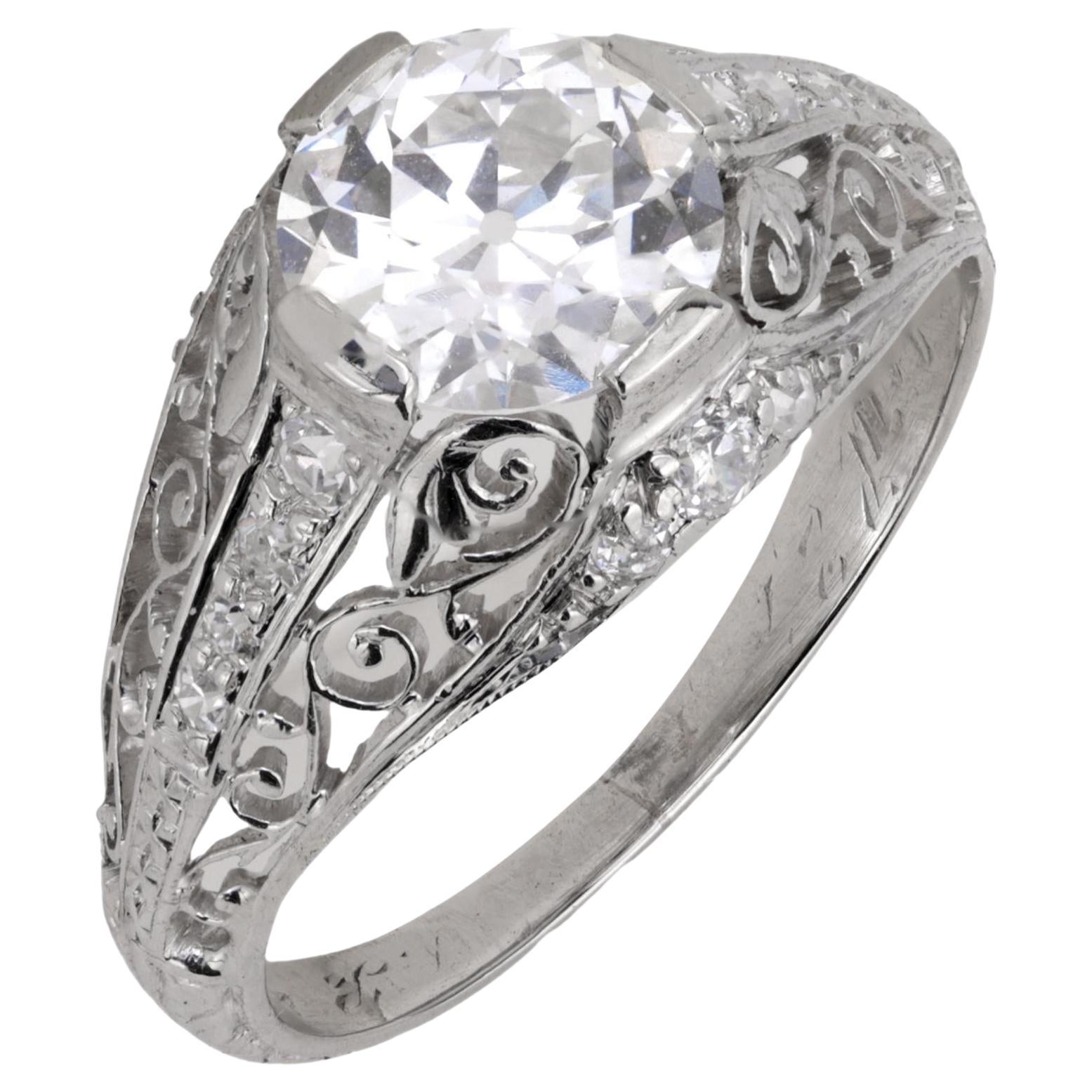 Art Deco GIA 1.37 carat old European cut diamond platinum engagement ring