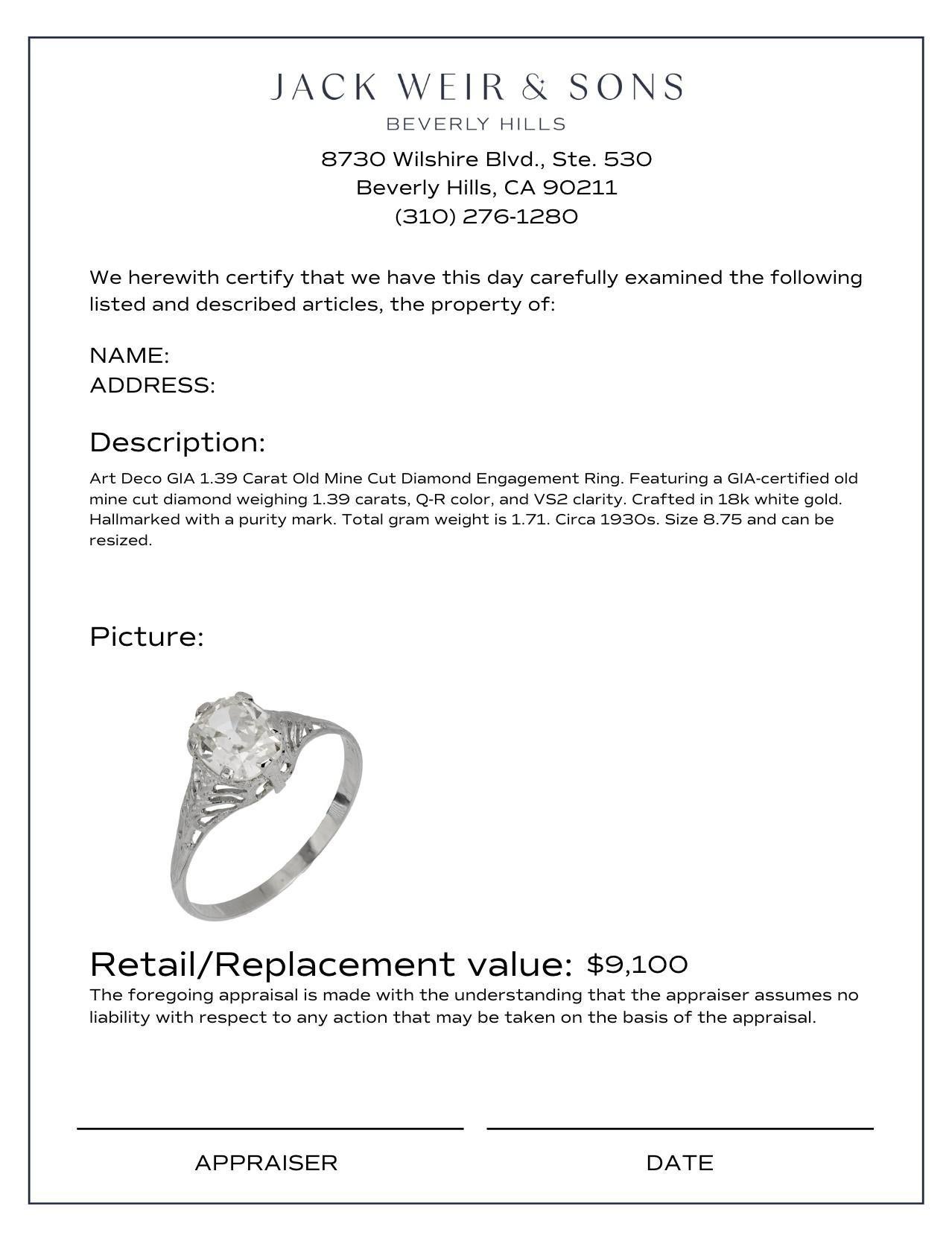 Women's Art Deco GIA 1.39 carat old mine cut diamond engagement ring For Sale