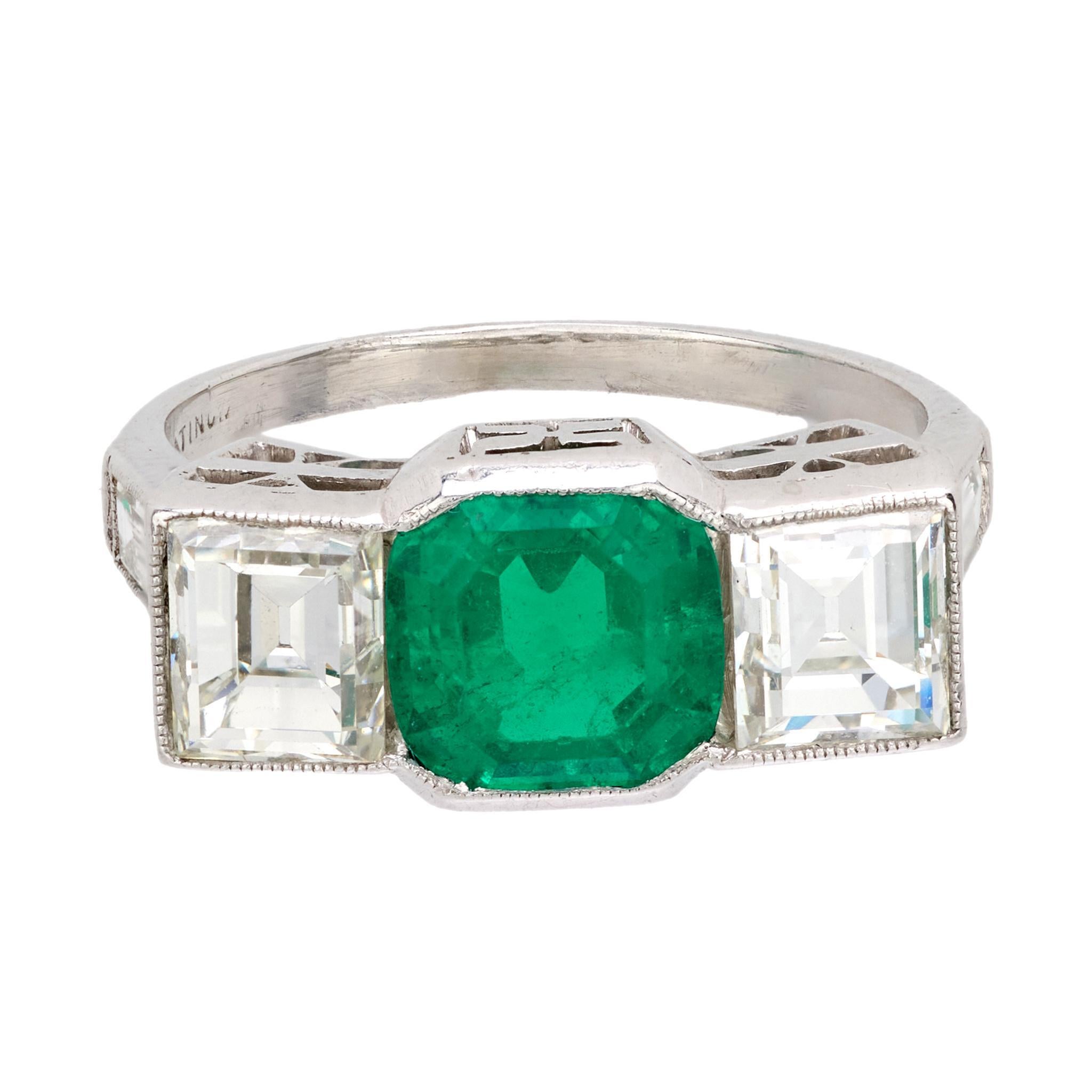 Cushion Cut Art Deco GIA 1.40 carat Colombian emerald diamond platinum ring