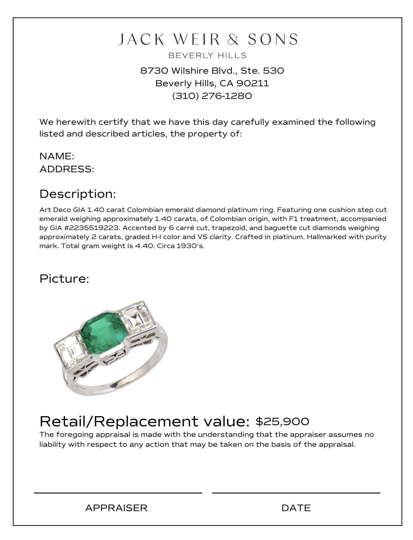 Art Deco GIA 1.40 carat Colombian emerald diamond platinum ring 1