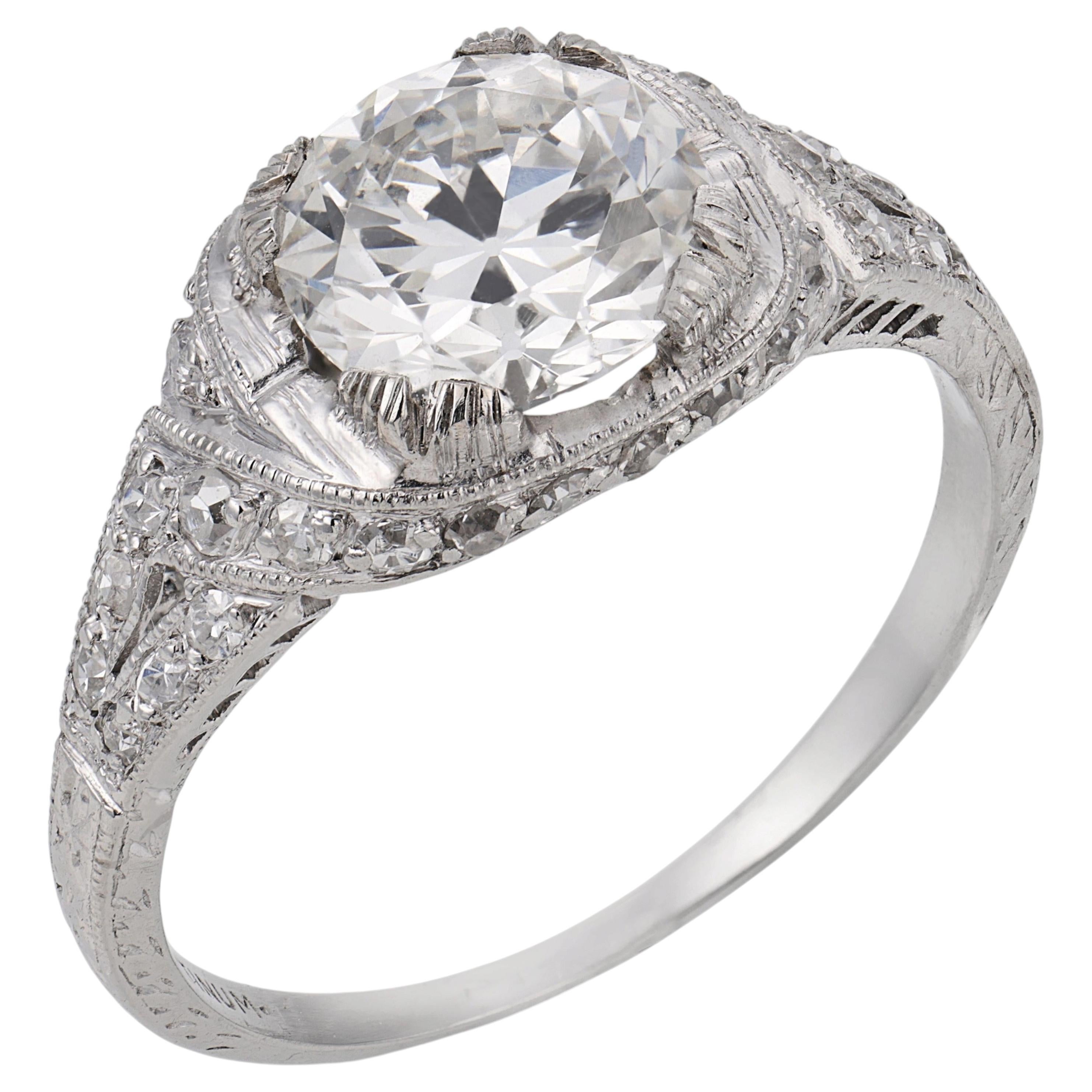 Art Deco GIA 1.40 carat old European cut diamond platinum engagement ring